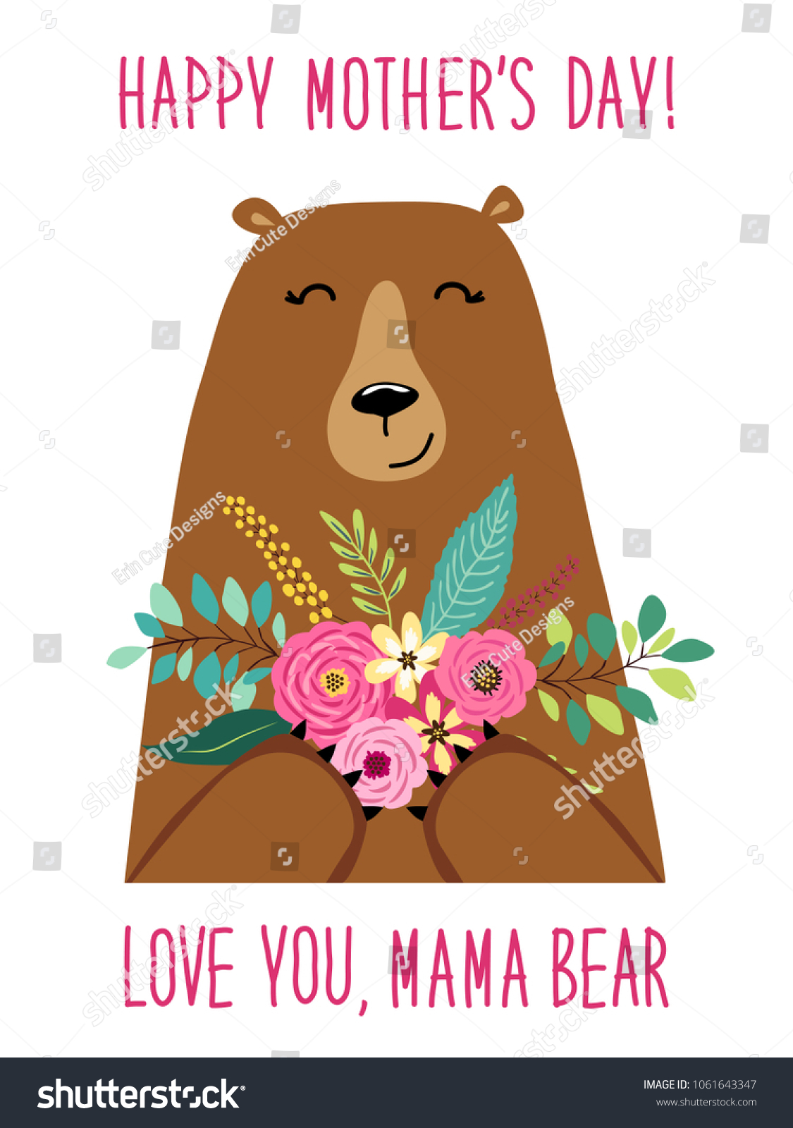 SVG of Cute cartoon Mama Bear with flowers bouquet, Mother's day card svg