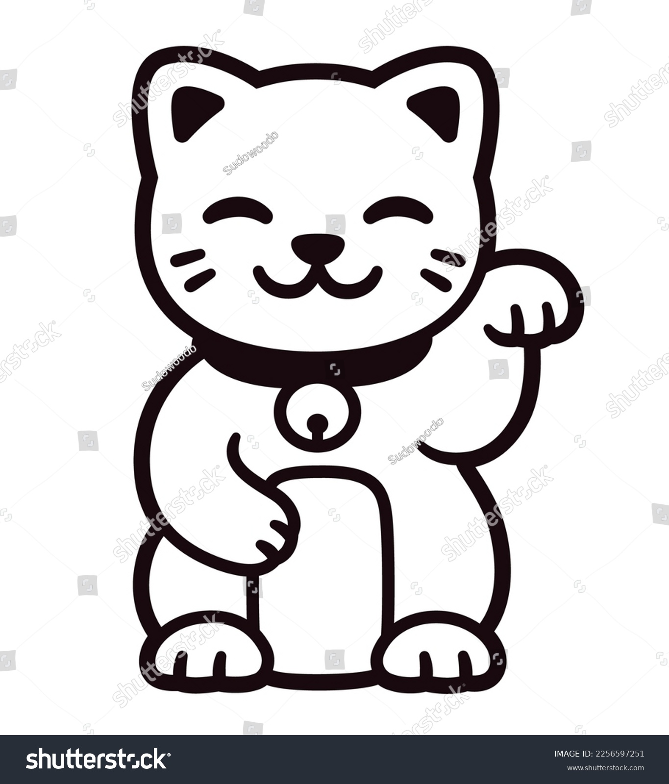 SVG of Cute cartoon Maneki Neko, Japanese lucky cat. Black and white logo or icon. Vector line art illustration. svg