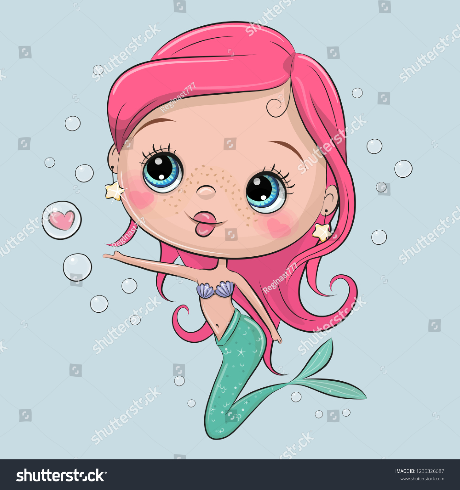 Cute Cartoon Mermaid Pink Hair On Vetor Stock Livre De Direitos 1235326687 6496