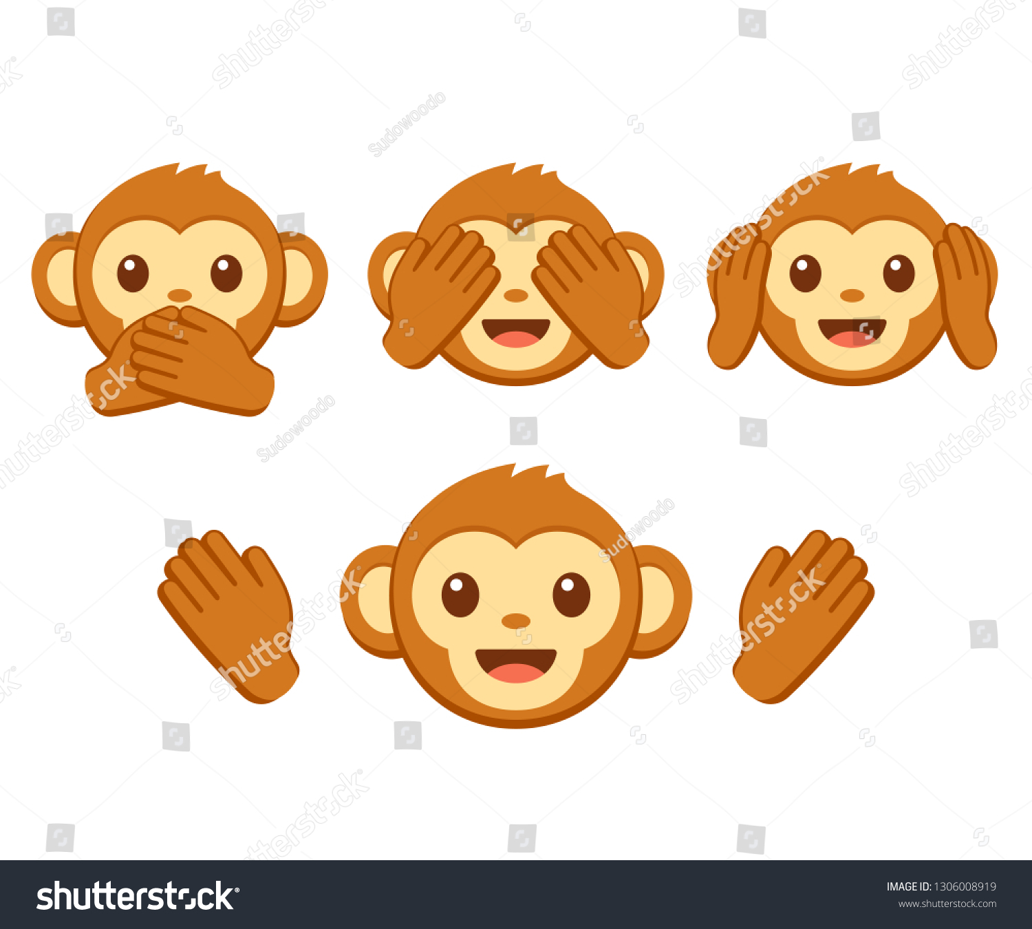 SVG of Cute cartoon monkey face emoji icon set. Three wise monkeys with hands covering eyes, ears and mouth: See no evil, hear no evil, speak no evil. Simple vector illustration. svg