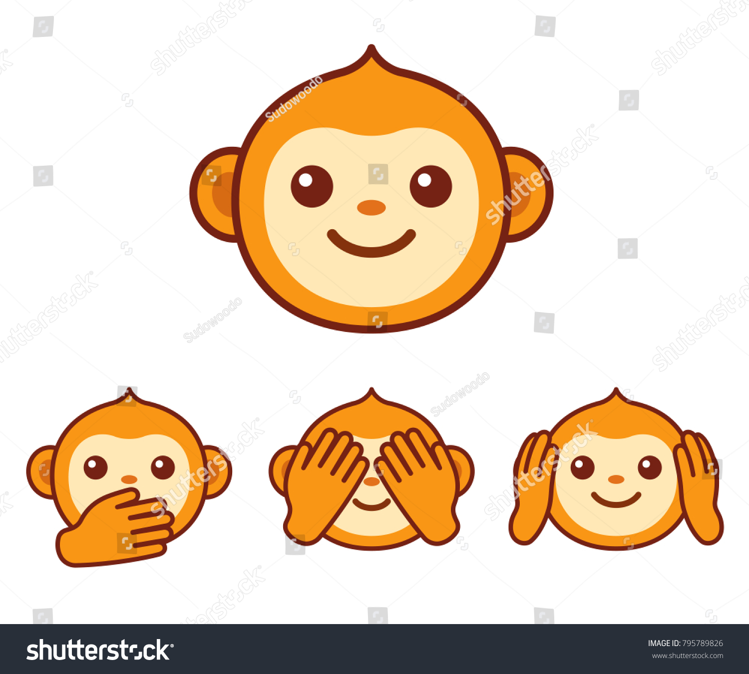 SVG of Cute cartoon monkey face icon. Three wise monkeys with hands covering eyes, ears and mouth: 