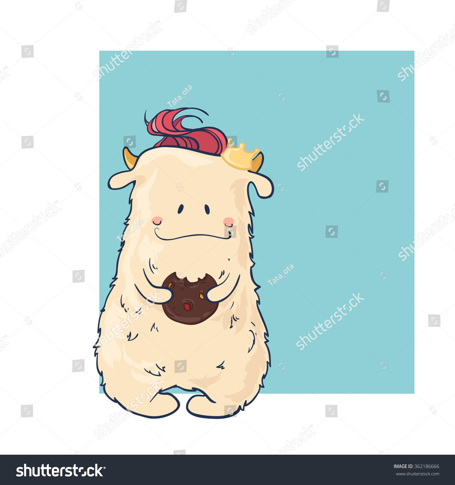 SVG of Cute Cartoon Monster. Monster eats a big cookie. Cartoon and funny monsters cards with place for your text. Vector illustration. svg
