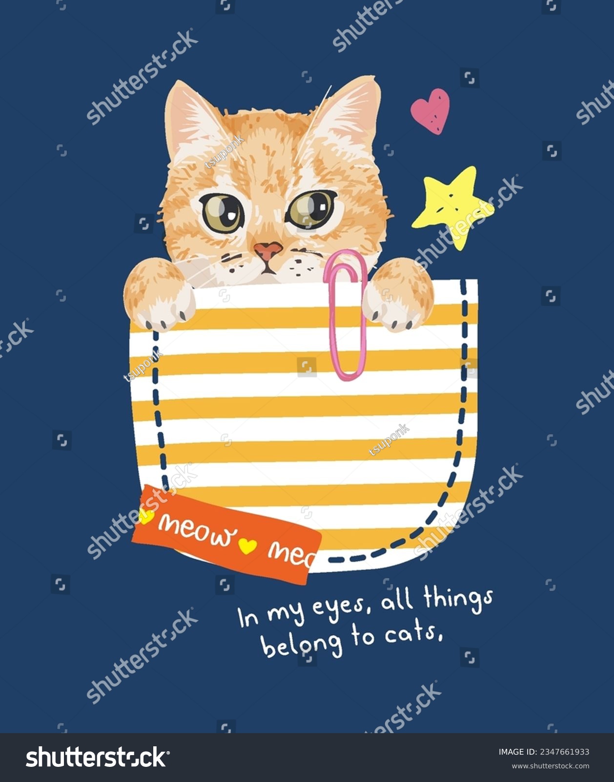 SVG of cute cartoon orange kitten in stripe pocket for fashion print svg