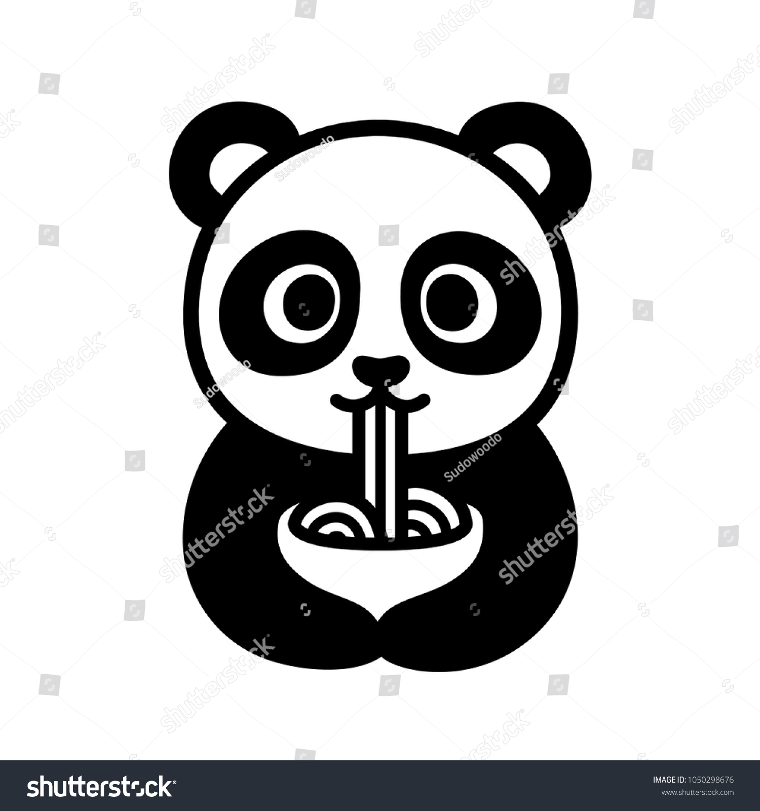 SVG of Cute cartoon panda character eating noodles from bowl. Funny Chinese food illustration. Isolated black and white clip art drawing. svg