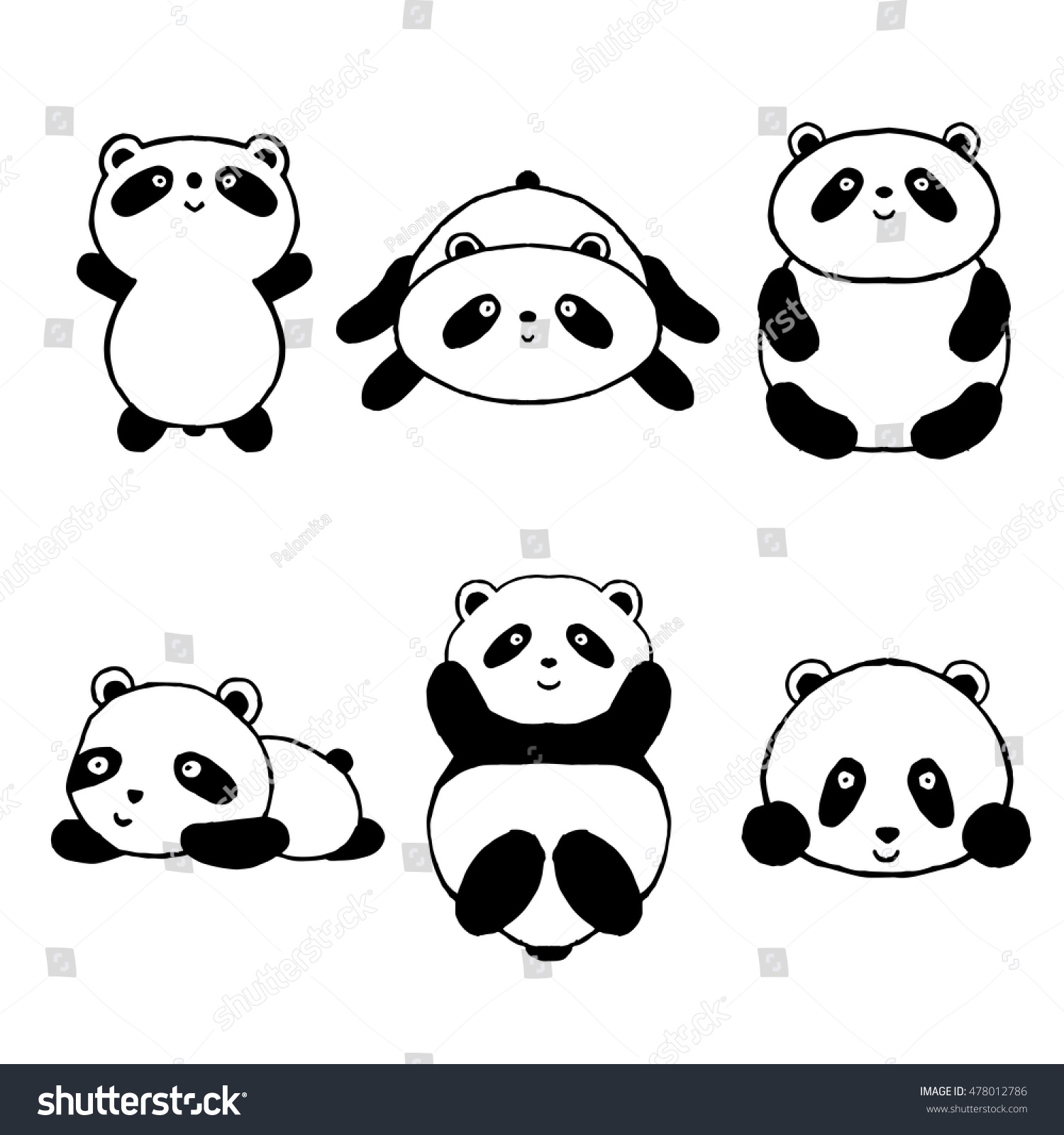 Cute Cartoon Panda Set Icons Black Stock Vector Royalty Free