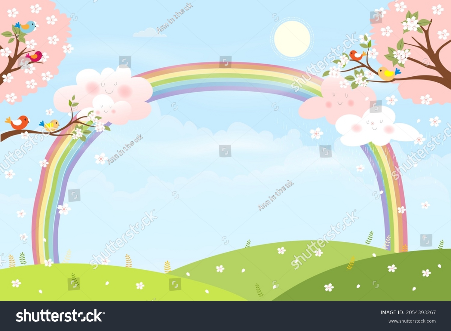 Cute Cartoon Spring Landscape Sherry Blossomvector Stock Vector