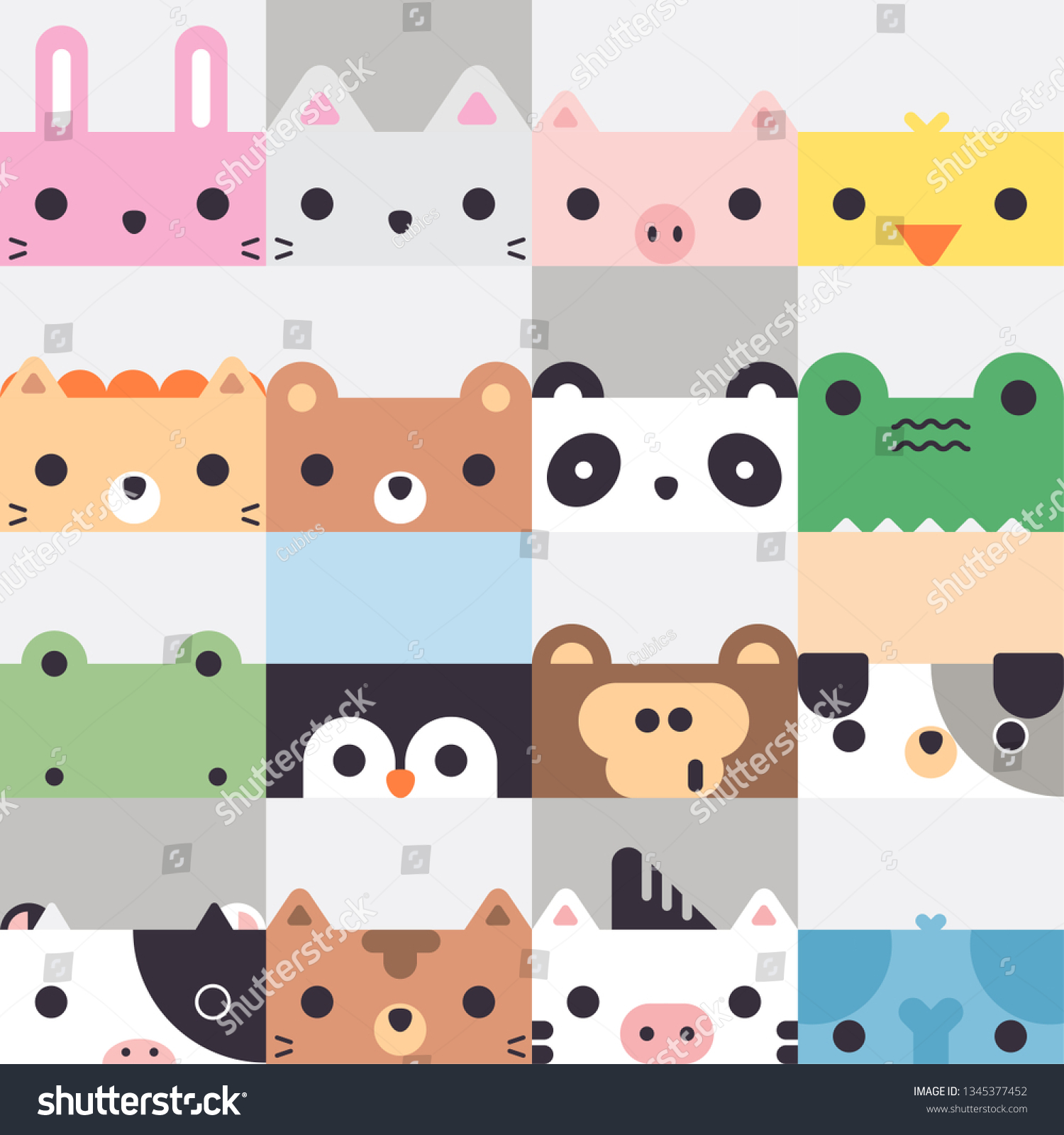 Cute Cartoon Square Animal Faces Illustration Stock Vector Royalty Free Shutterstock