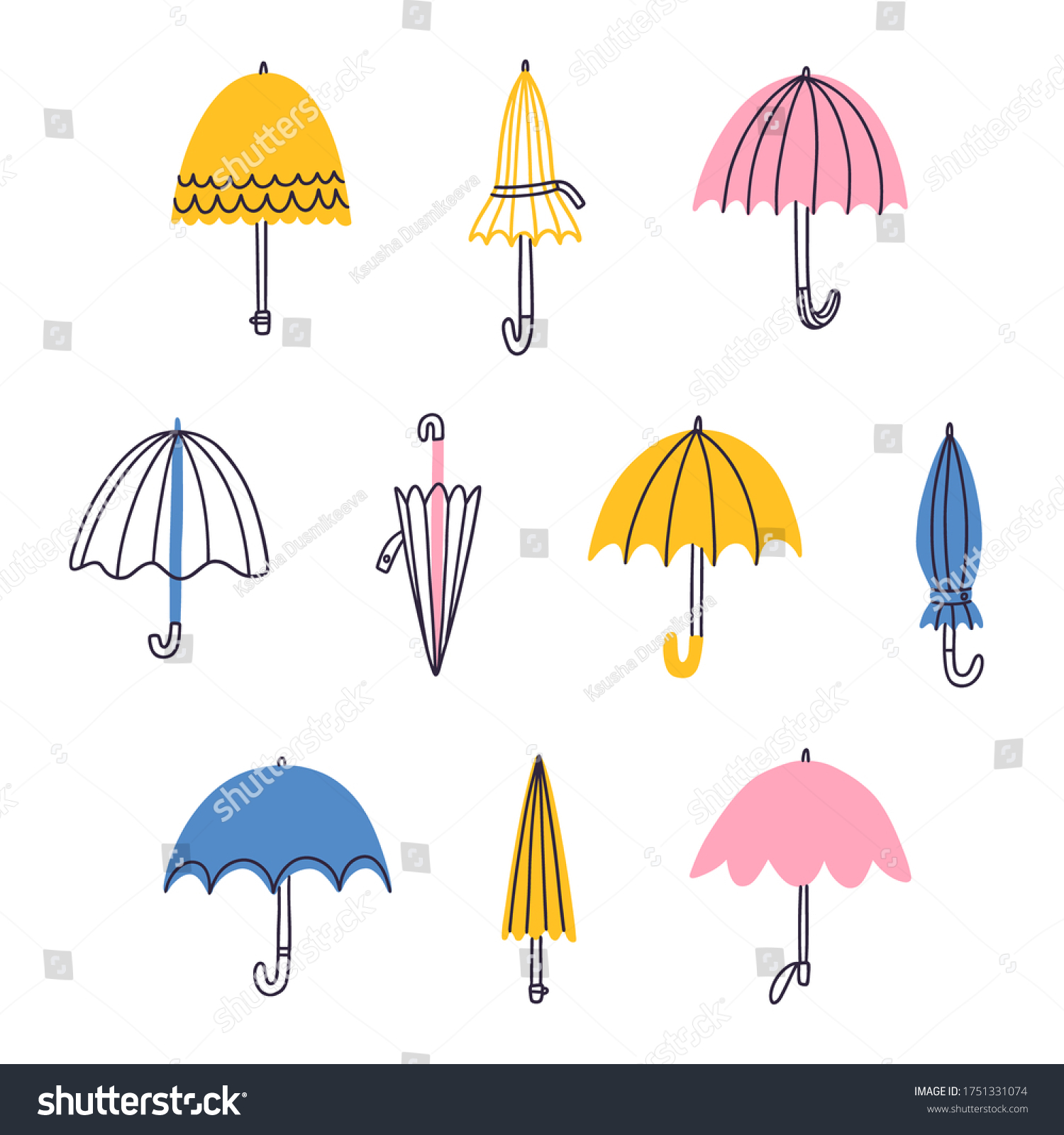 Cute Cartoon Umbrellas Vector Set Stock Vector (Royalty Free) 1751331074