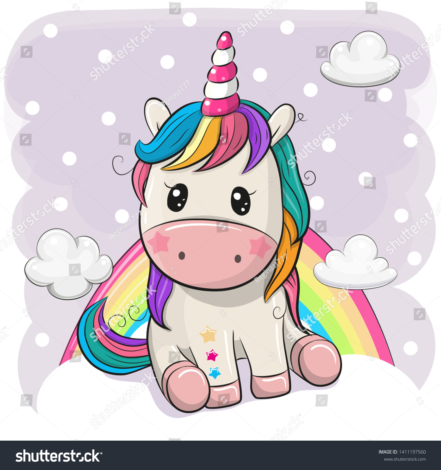 Cute Cartoon Unicorn Sitting On Clouds Stock Vector Royalty Free ...