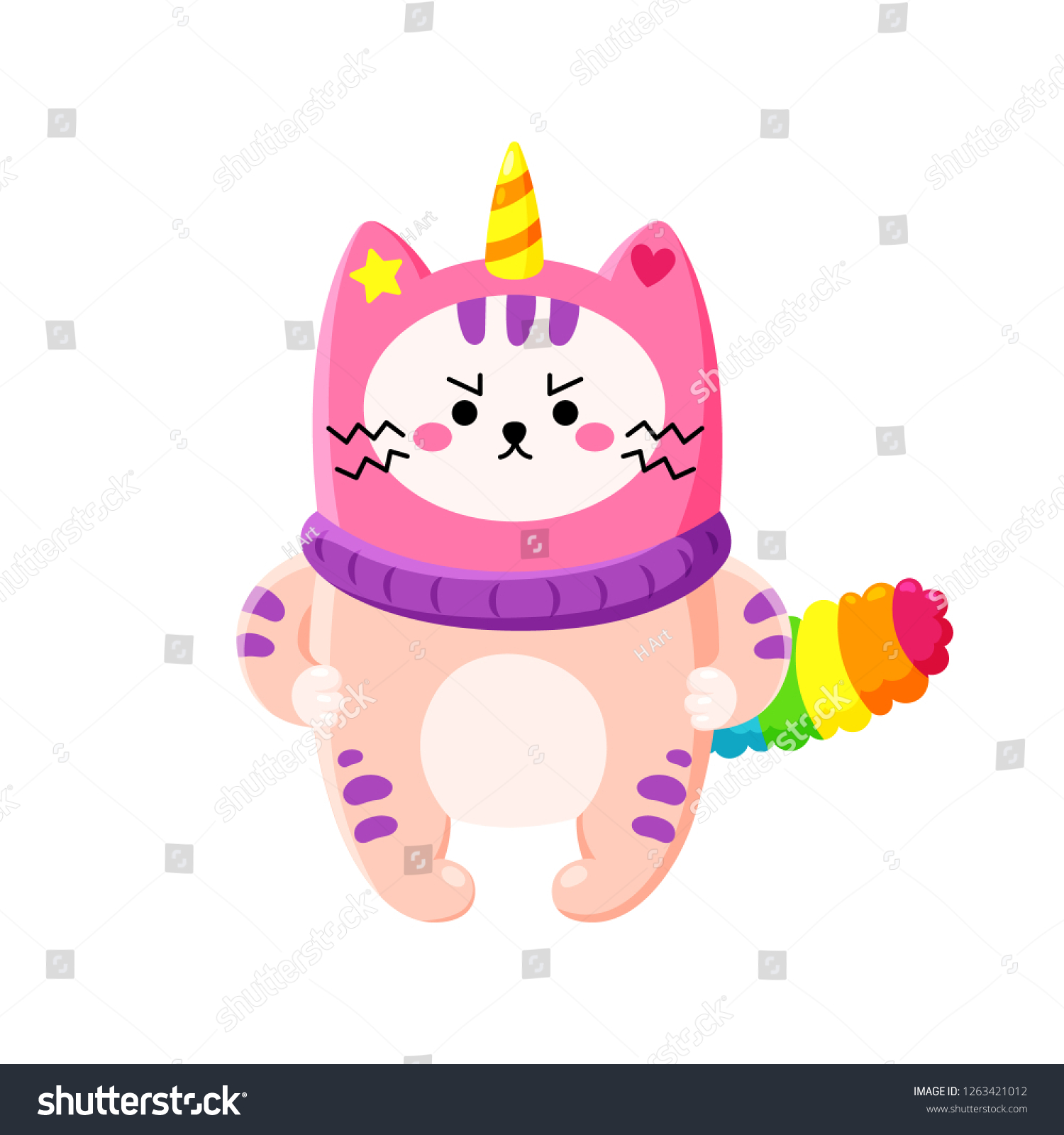 SVG of Cute cartoon vector doodle cat. Kitten in a unicorn hat. Magic character. Template for greeting cards, design, textiles. Unhappy angry cat svg