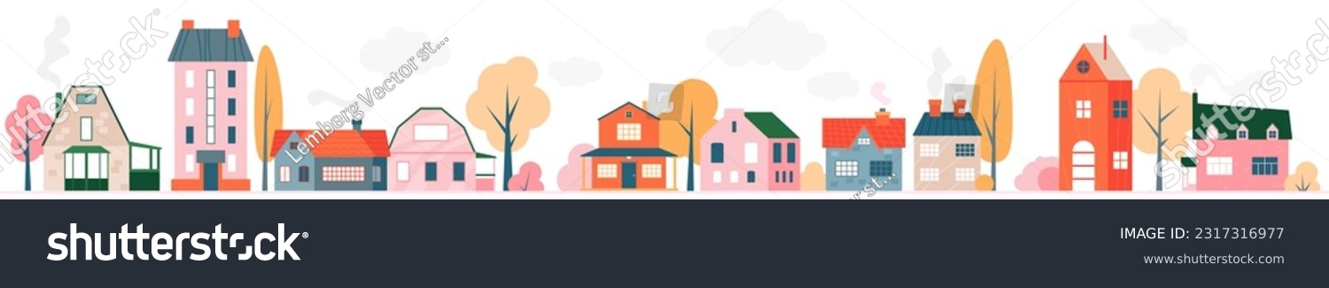 SVG of Cute cartooon charming small town village houses panorama. Front view of a variety of brick cottages and apartments vector illustration svg