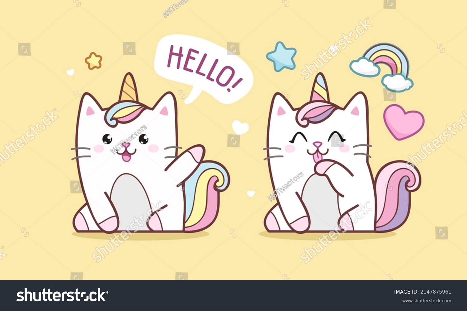 SVG of Cute Cat Caticorn or Kitten Unicorn set with rainbow and hearts. Vector Cat Unicorn says Hello! Isolated vector illustration for kids design prints, posters, t-shirts, stickers svg