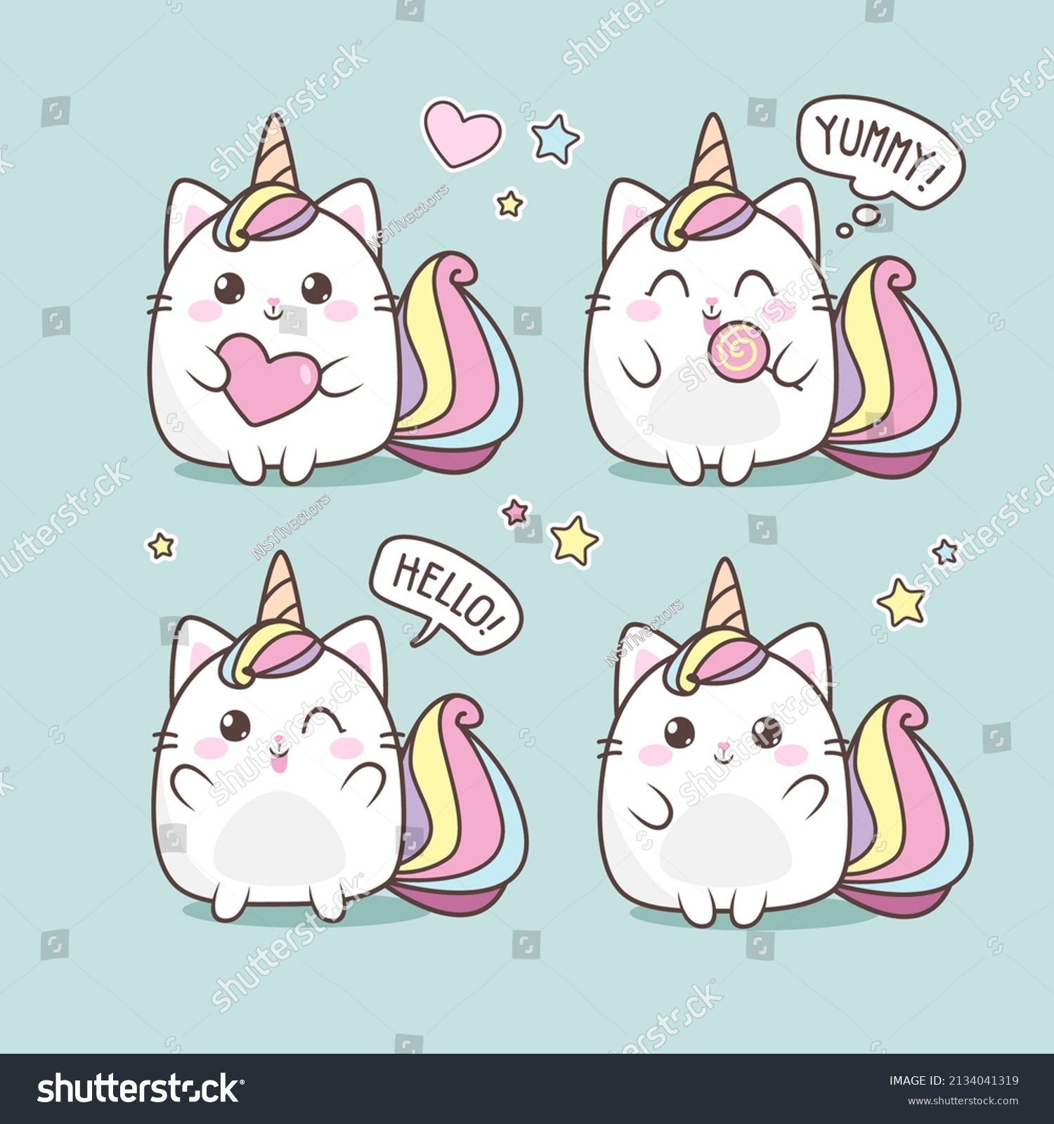 SVG of Cute Cat Caticorn or Kitten Unicorn set with rainbow and hearts. Vector Cat Unicorn with lollipop. Isolated vector illustration for kids design prints, posters, t-shirts, stickers svg