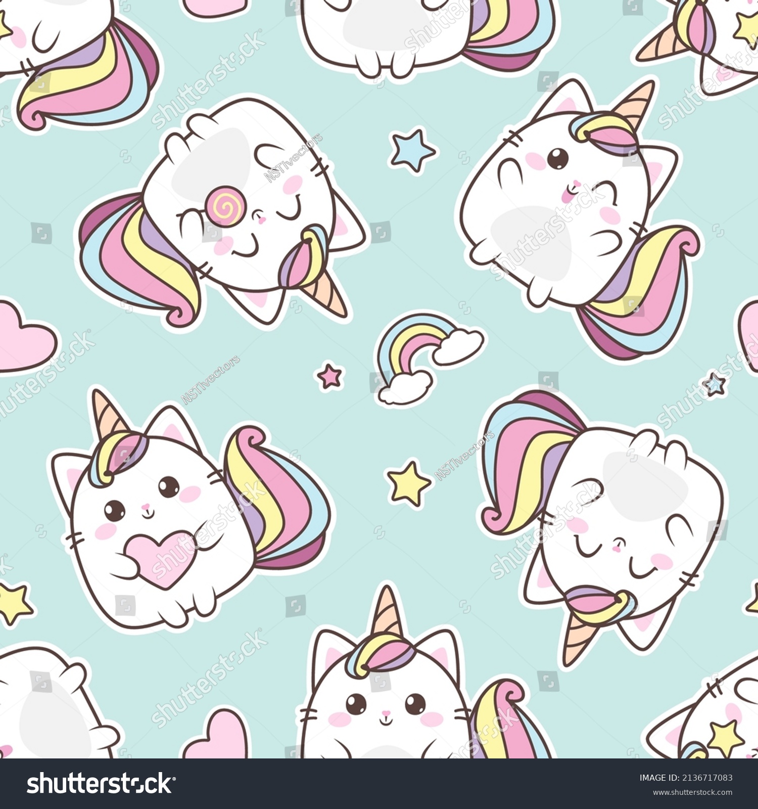SVG of Cute Cat Caticorn or Kitten Unicorn vector seamless pattern. Kawaii Cat Unicorn with lollipop. Isolated vector illustration for kids design prints, posters, t-shirts, stickers svg