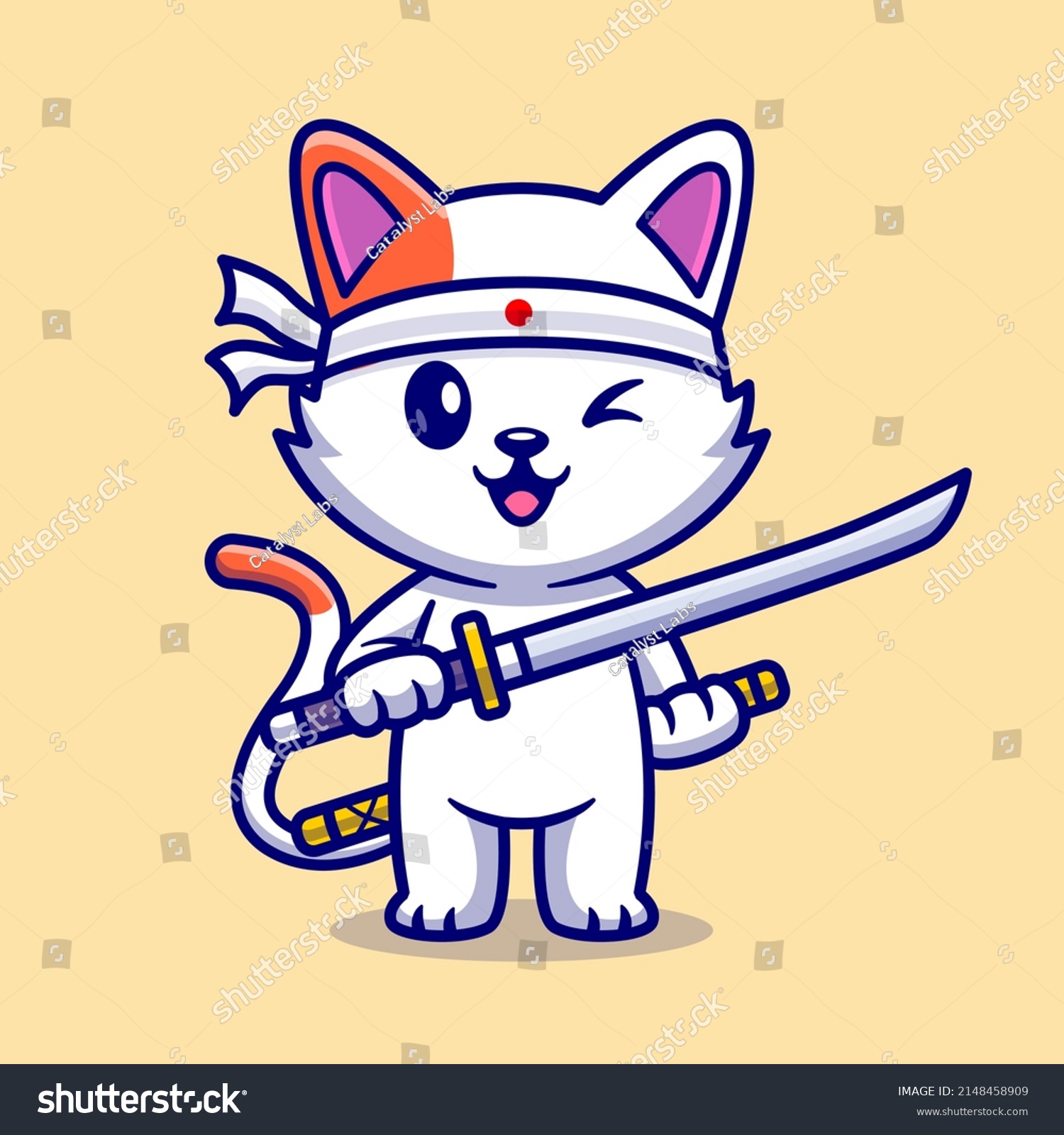 Cute Cat Holding Sword Katana Cartoon Stock Vector (Royalty Free ...