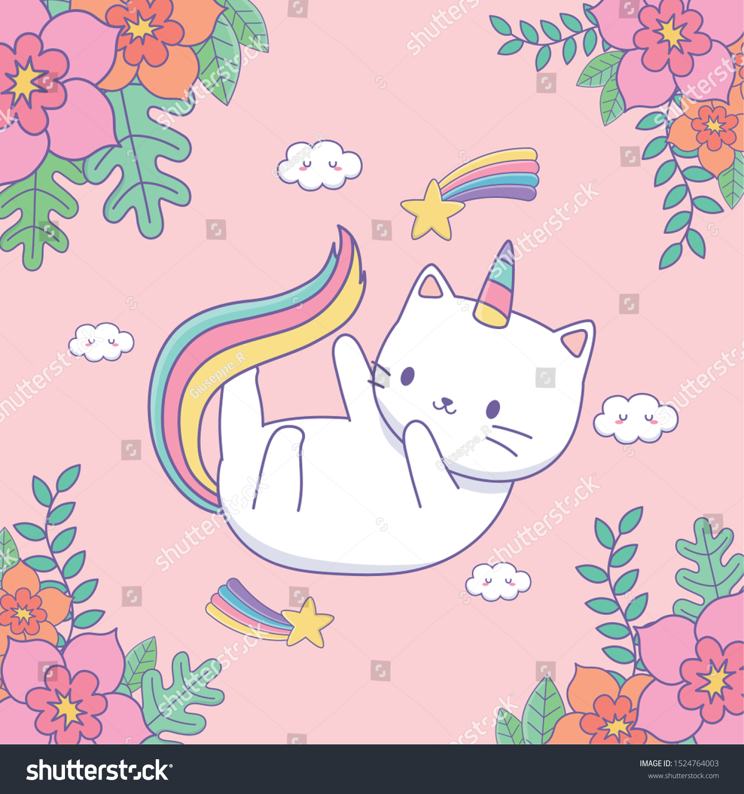 SVG of cute caticorn with floral decoration and rainbow vector illustration design svg