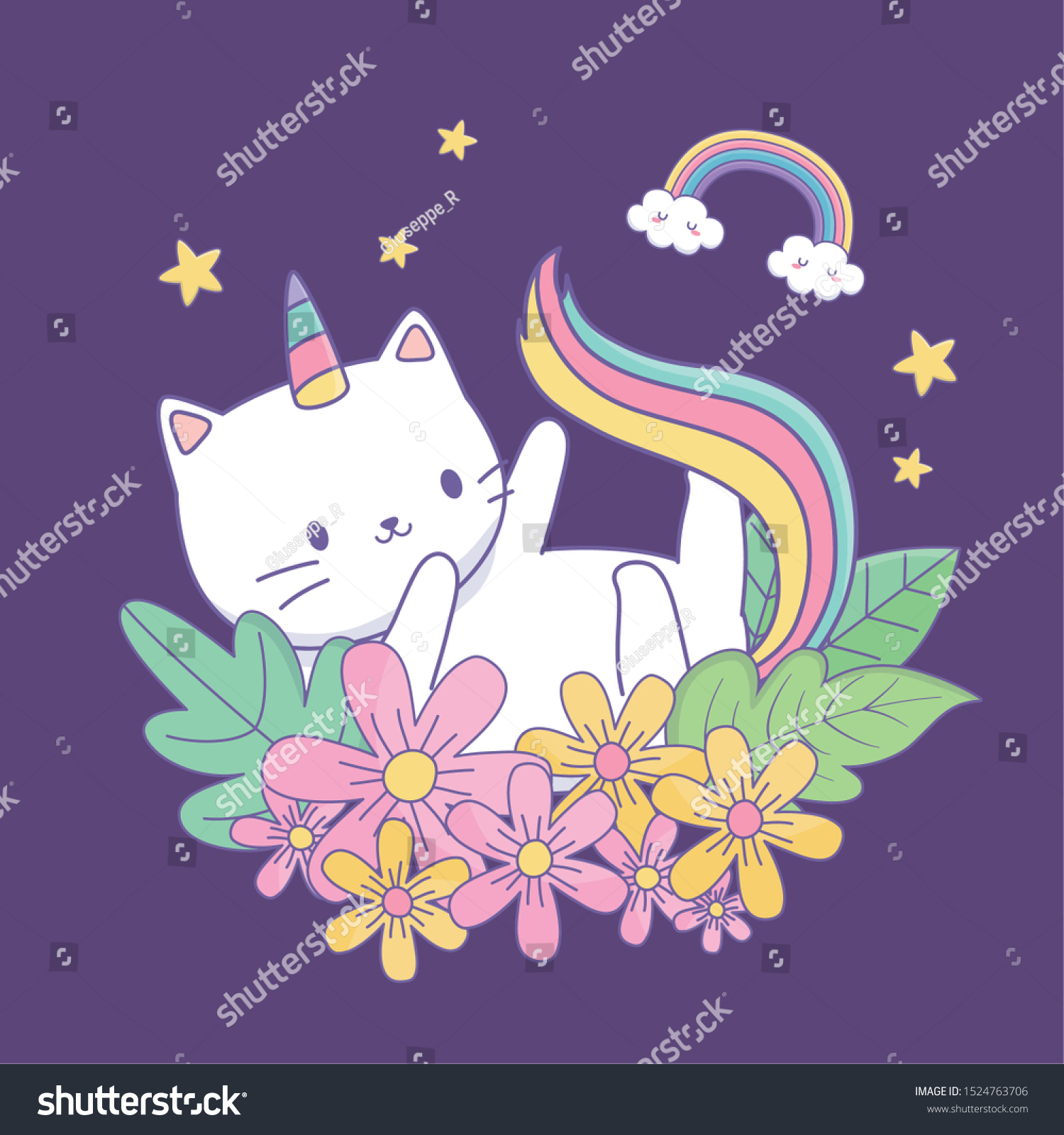 SVG of cute caticorn with floral decoration at night vector illustration design svg
