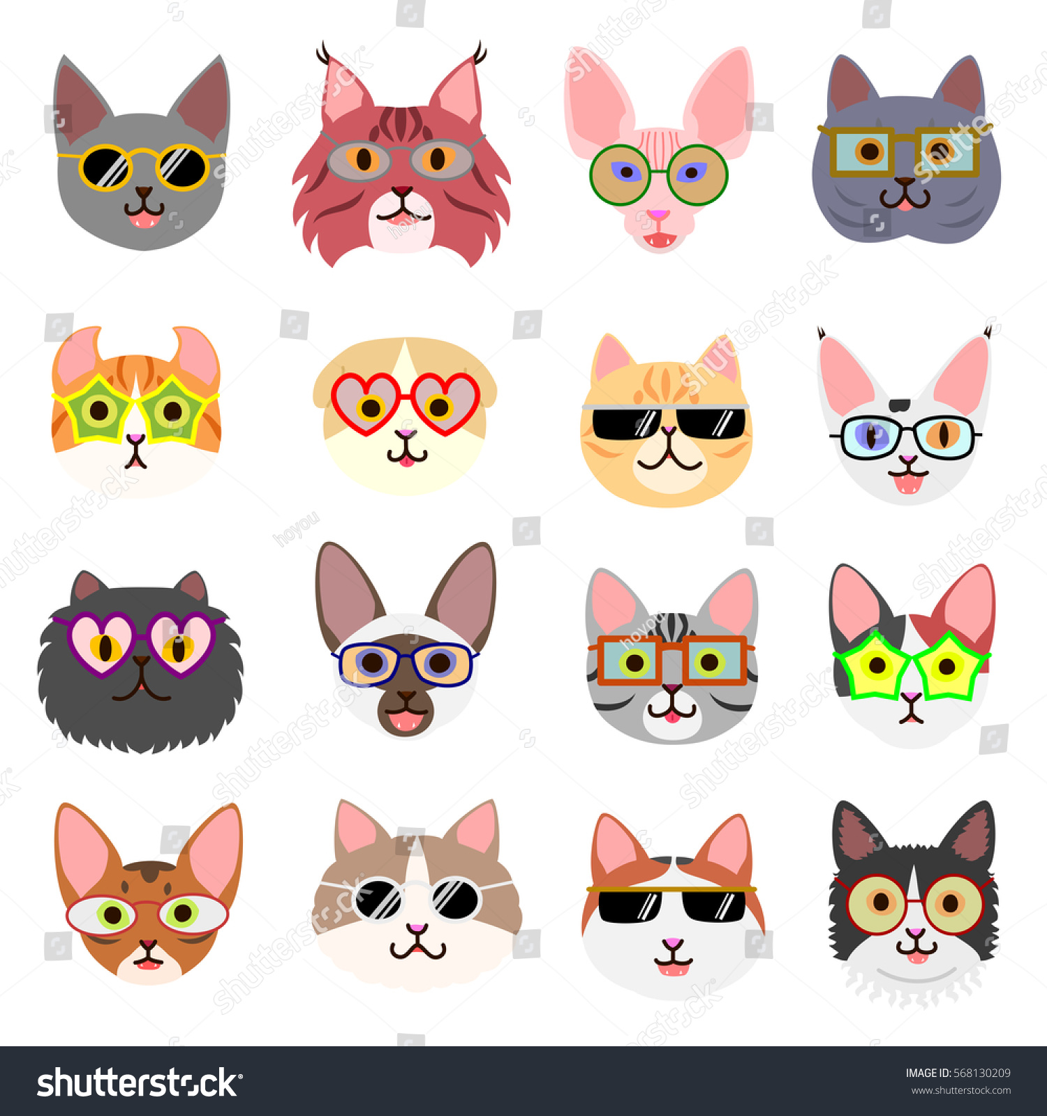 Cute Cats Faces Glasses Stock Vector (Royalty Free) 568130209