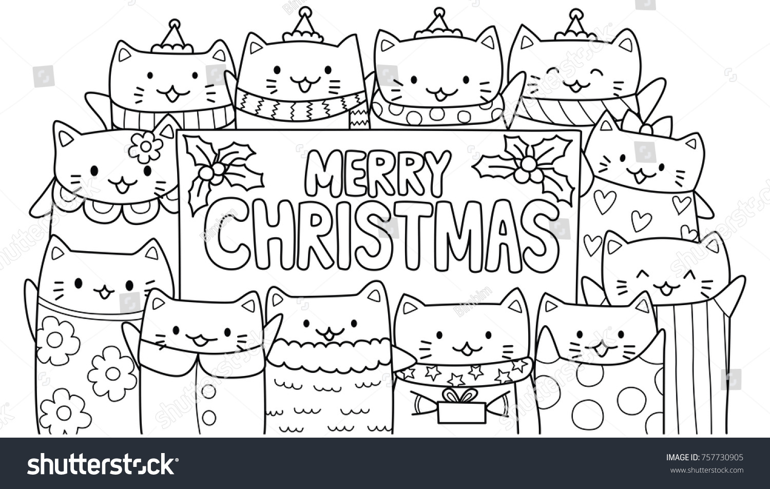 Cute cats with Merry Christmas texts for cards invitation and coloring book page for kids