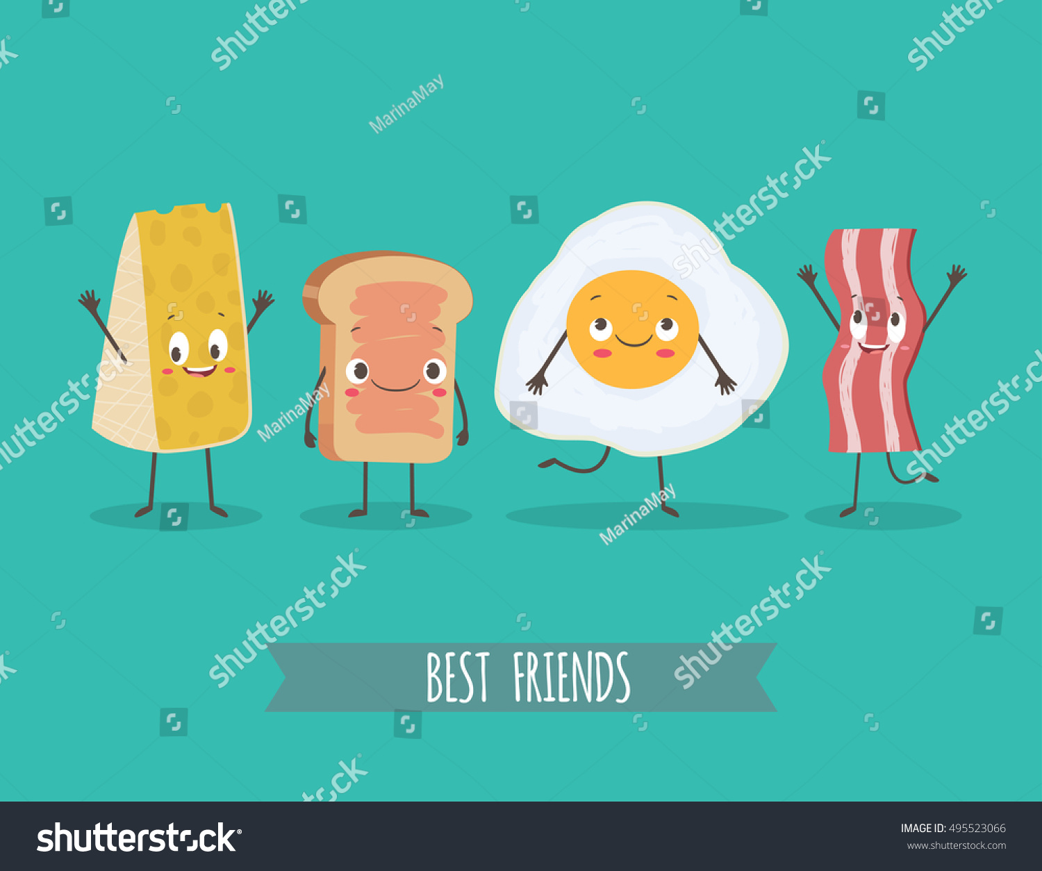 SVG of Cute characters cheese, bread, egg and bacon. Best friends set. Funny food. Cartoon vector  illustration  svg