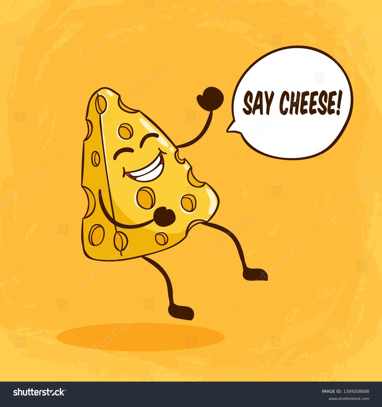 SVG of Cute cheese character with funny face or expression and say cheese lettering on orange background svg