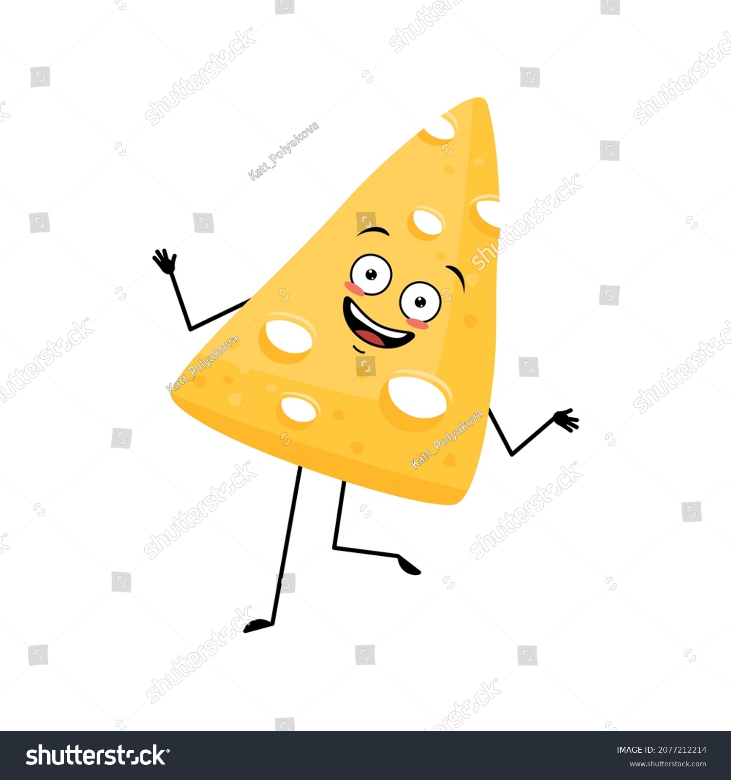 SVG of Cute cheese character with joyful emotions, happy face, smile, eyes, arms and legs. Fun dairy meal or snack. Vector flat illustration svg