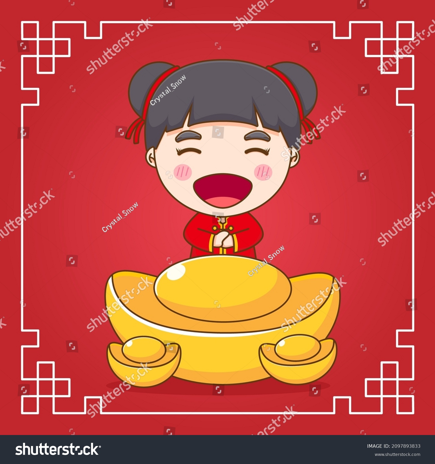 Cute Chinese Girl Cartoon Character Greeting Stock Vector (Royalty Free ...