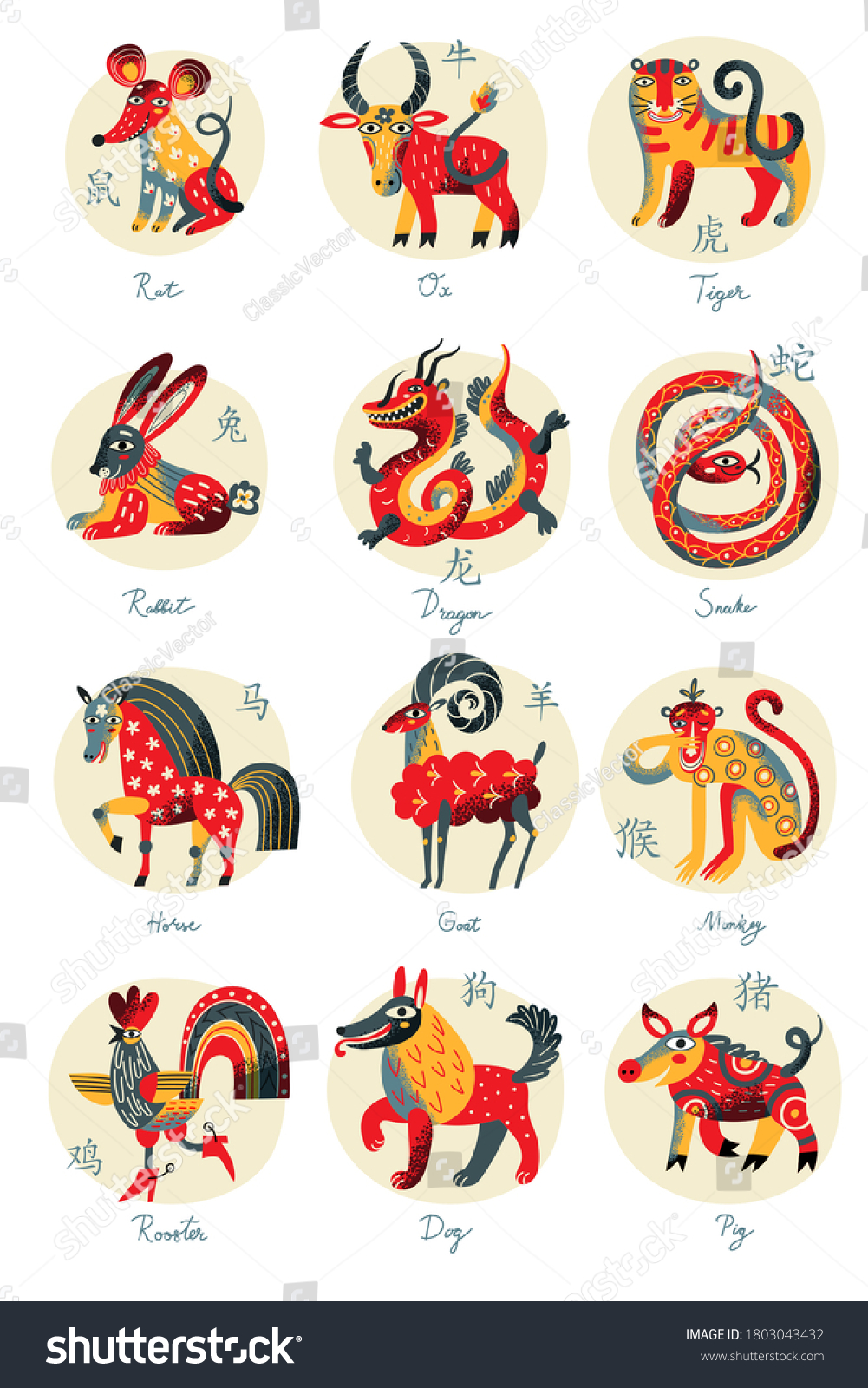 SVG of Cute chinese horoscope zodiac set. Collection of animals symbols of year. China New Year mascots isolated on white background. Vector illustration of calendar astrological signs on circle stamps svg