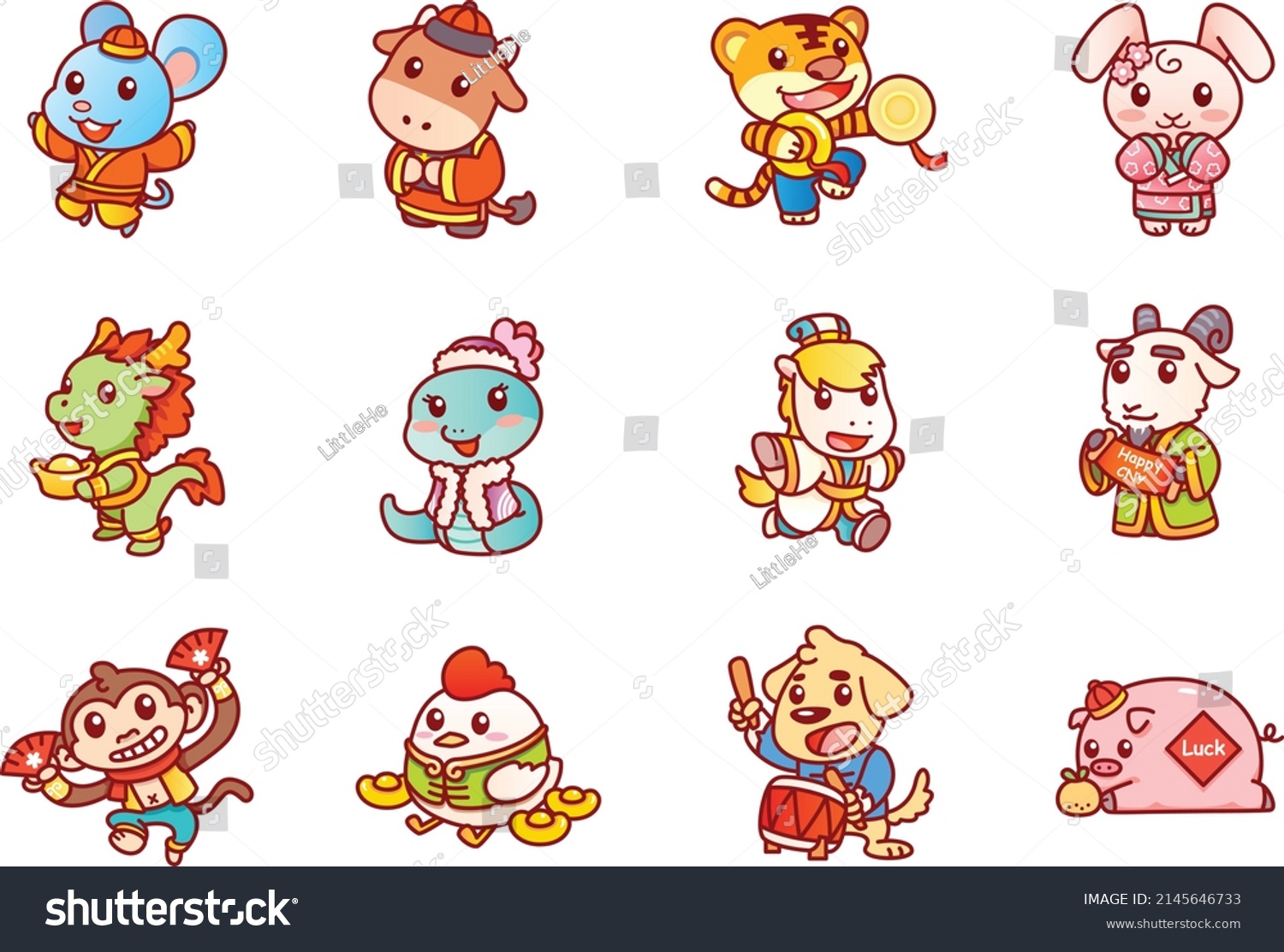 SVG of Cute Chinese New Year Zodiac in Vector illustration.  12 CNY Animals Rat, Ox, Tiger, Rabbit, Dragon, Snake, Horse, Goat, Monkey, Rooster, Dog and Pig for celebrate Lunar Festival. svg