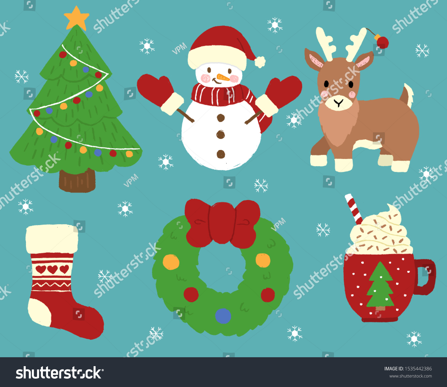 Cute Christmas Hand Drawn Clipart Consisting Stock Vector Royalty Free