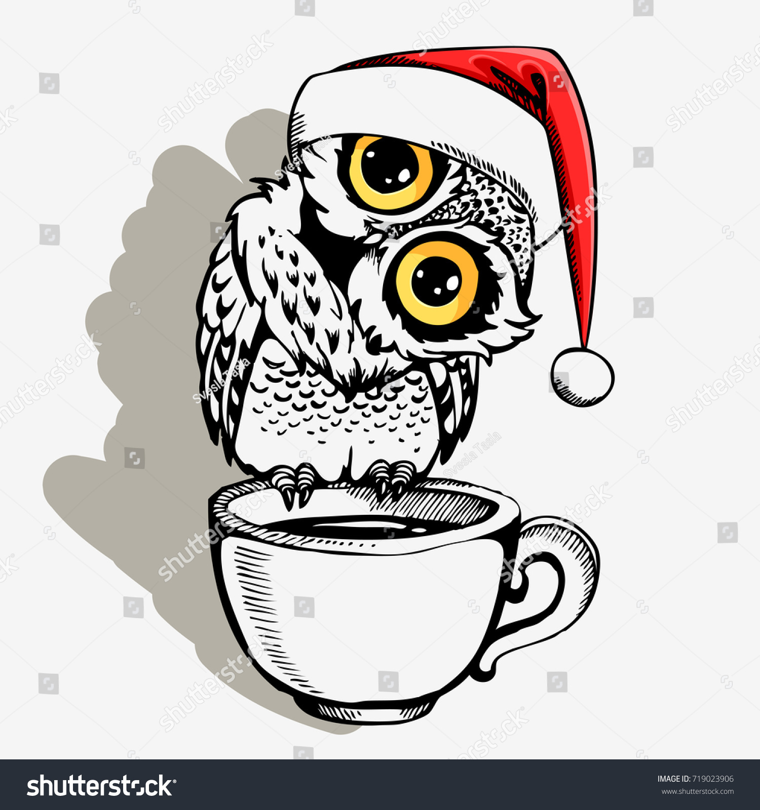 Cute Christmas Owl Cup Coffee Hand Stock Vector 719023906 ...