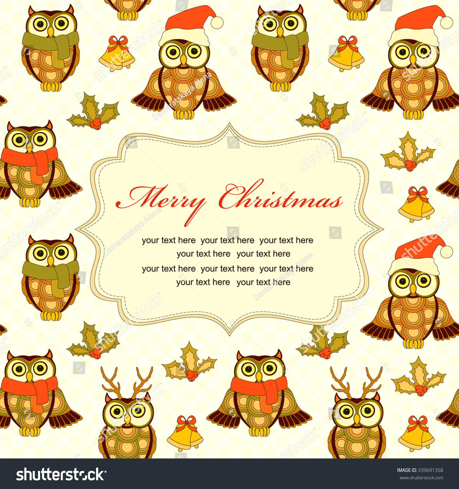 Cute christmas retro background with owls mistletoe and bells on white Vintage christmas pattern