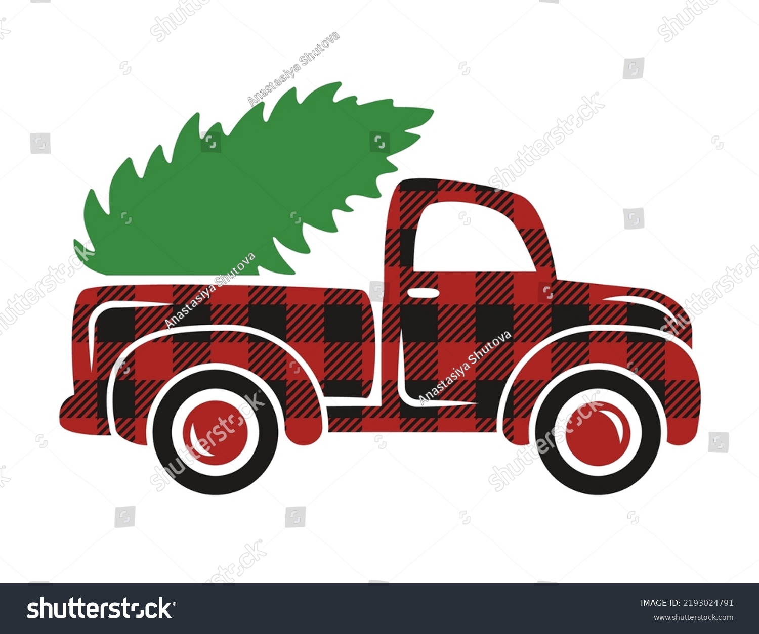 SVG of Cute Christmas truck Svg cutting file. Buffalo plaid old vintage truck carrying Christmas tree vector illustration (clipart). Christmas shirt design svg