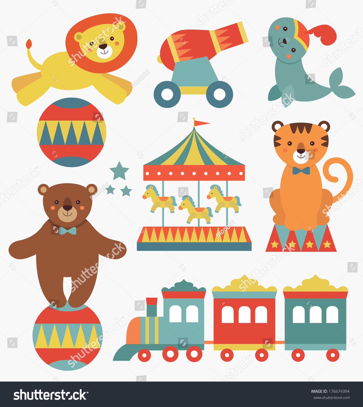 Cute Circus Animals Collection Vector Illustration Stock Vector