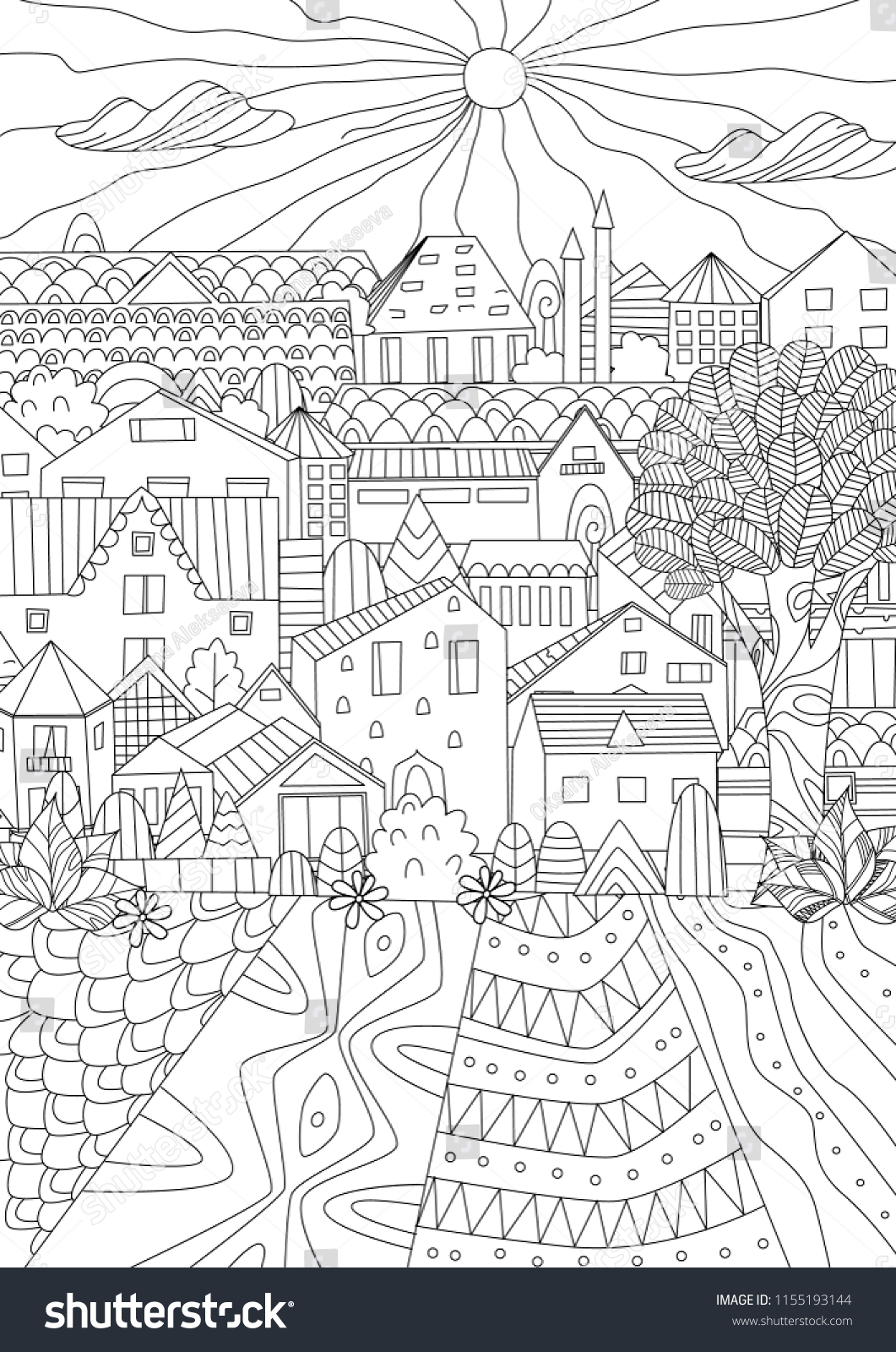 Cute Cityscape Your Coloring Book เวกเตอร์สต็อก (ปลอดค่าลิขสิทธิ์