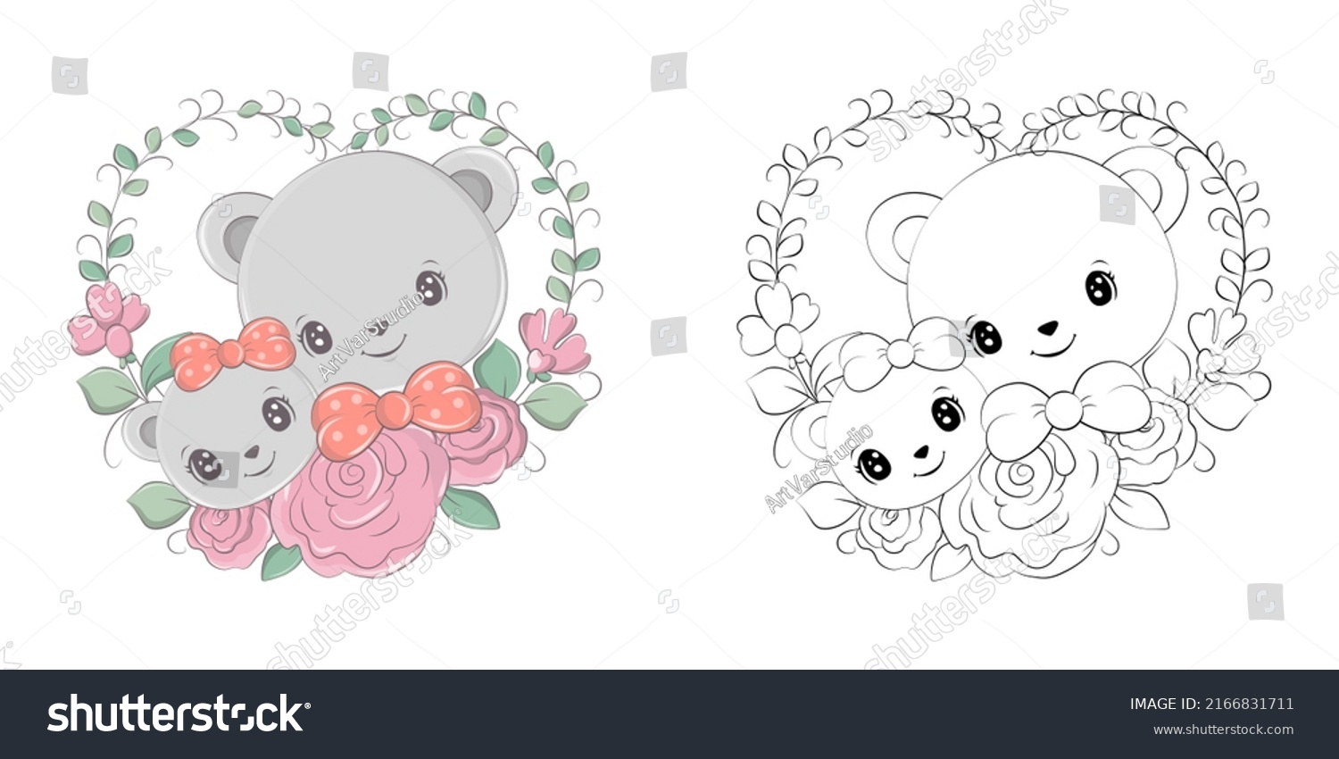 SVG of Cute Clipart Bear Illustration and For Coloring Page. Cartoon Clip Art Family of Bears on a Floral Background. Vector Illustration of an Animal for Stickers, Coloring Pages, Prints for Clothes.  svg