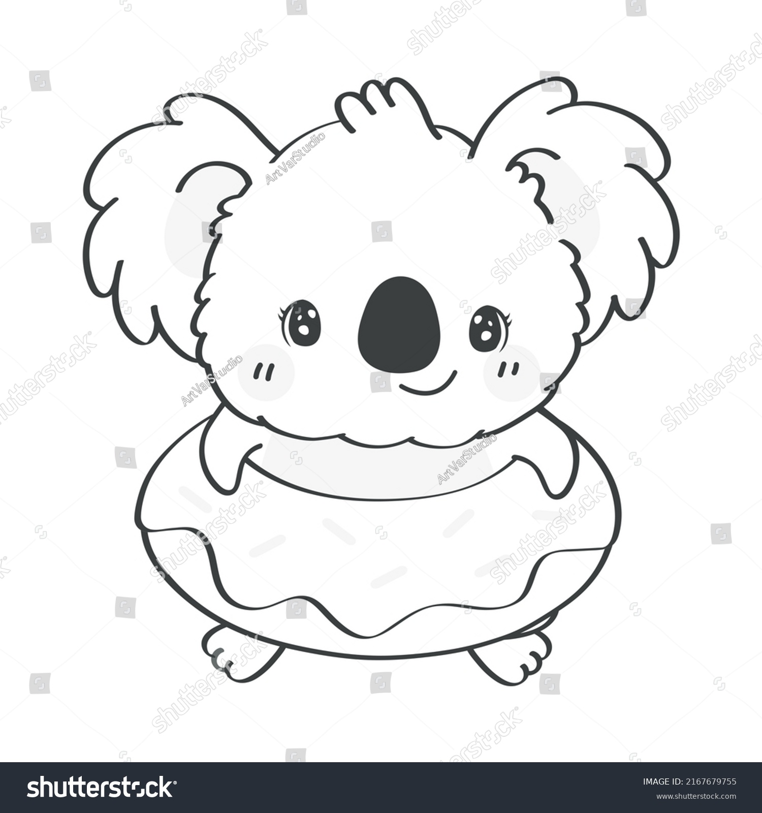 SVG of Cute Clipart Koala Bear Black and White Illustration in Cartoon Style. Cartoon Clip Art Coloring Page Koala in a Lifeline. Vector Illustration of an Animal for Stickers, Baby Shower Invitation.  svg