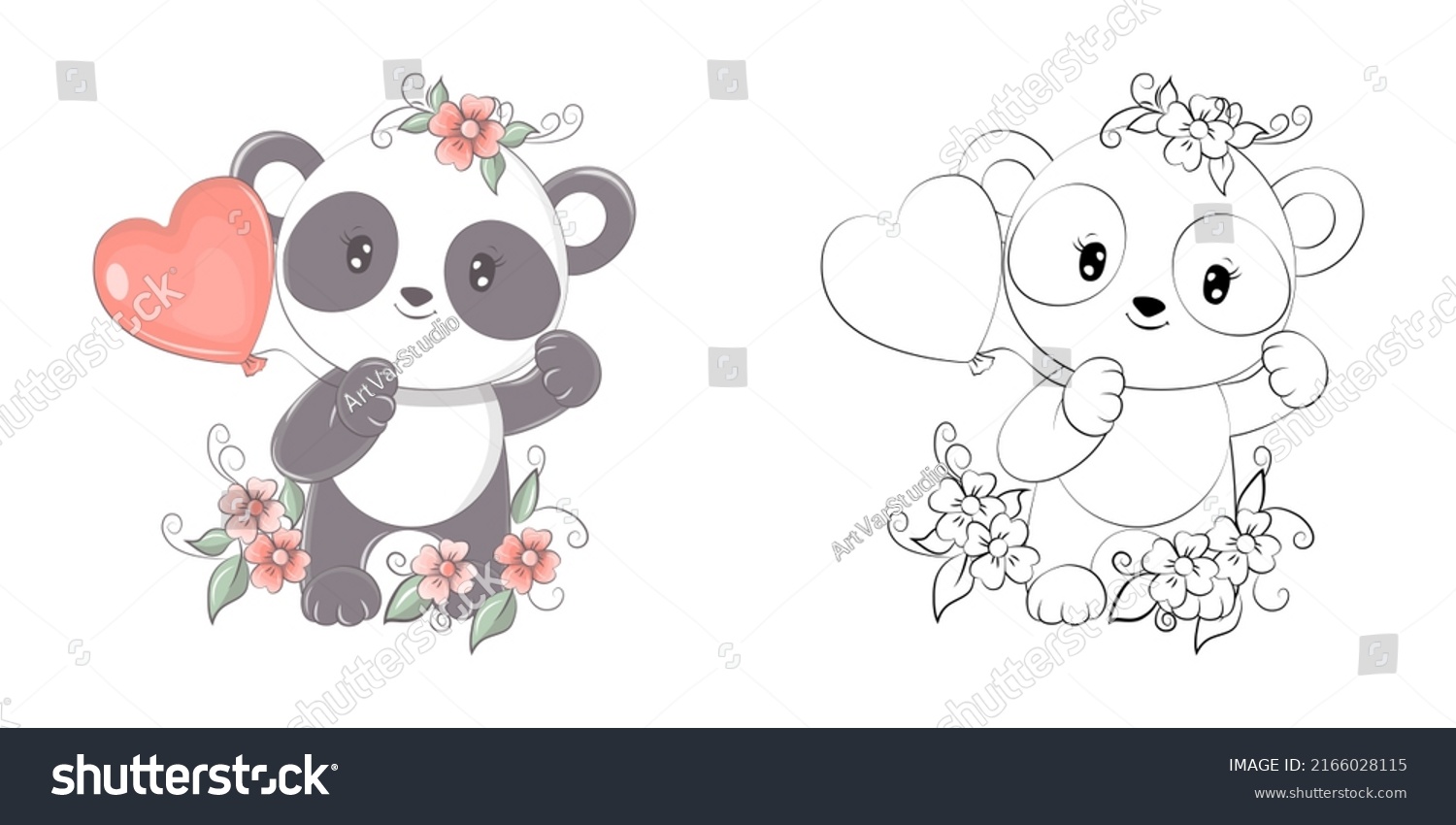 SVG of Cute Clipart Panda Illustration and For Coloring Page. Cartoon Clip Art Panda with Balloon. Vector Illustration of an Animal for Stickers, Baby Shower, Coloring Pages, Prints for Clothes.  svg