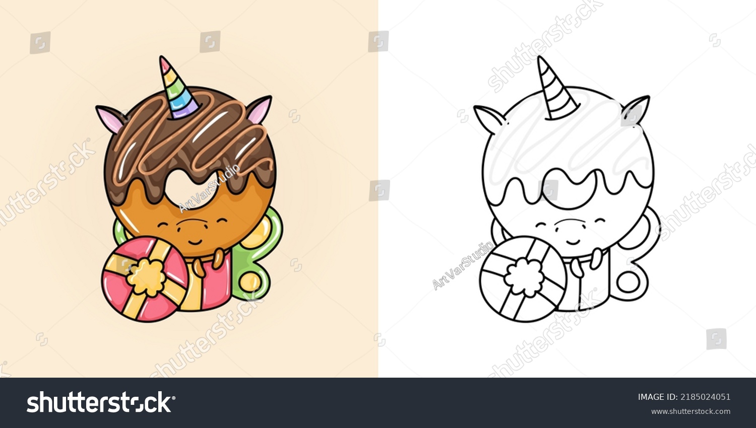 SVG of Cute Clipart Unicorn Illustration and For Coloring Page. Cartoon Clip Art Unicorn Donut. Vector Illustration of a Kawaii Animal for Stickers, Baby Shower, Coloring Pages, Prints for Clothes.
 svg