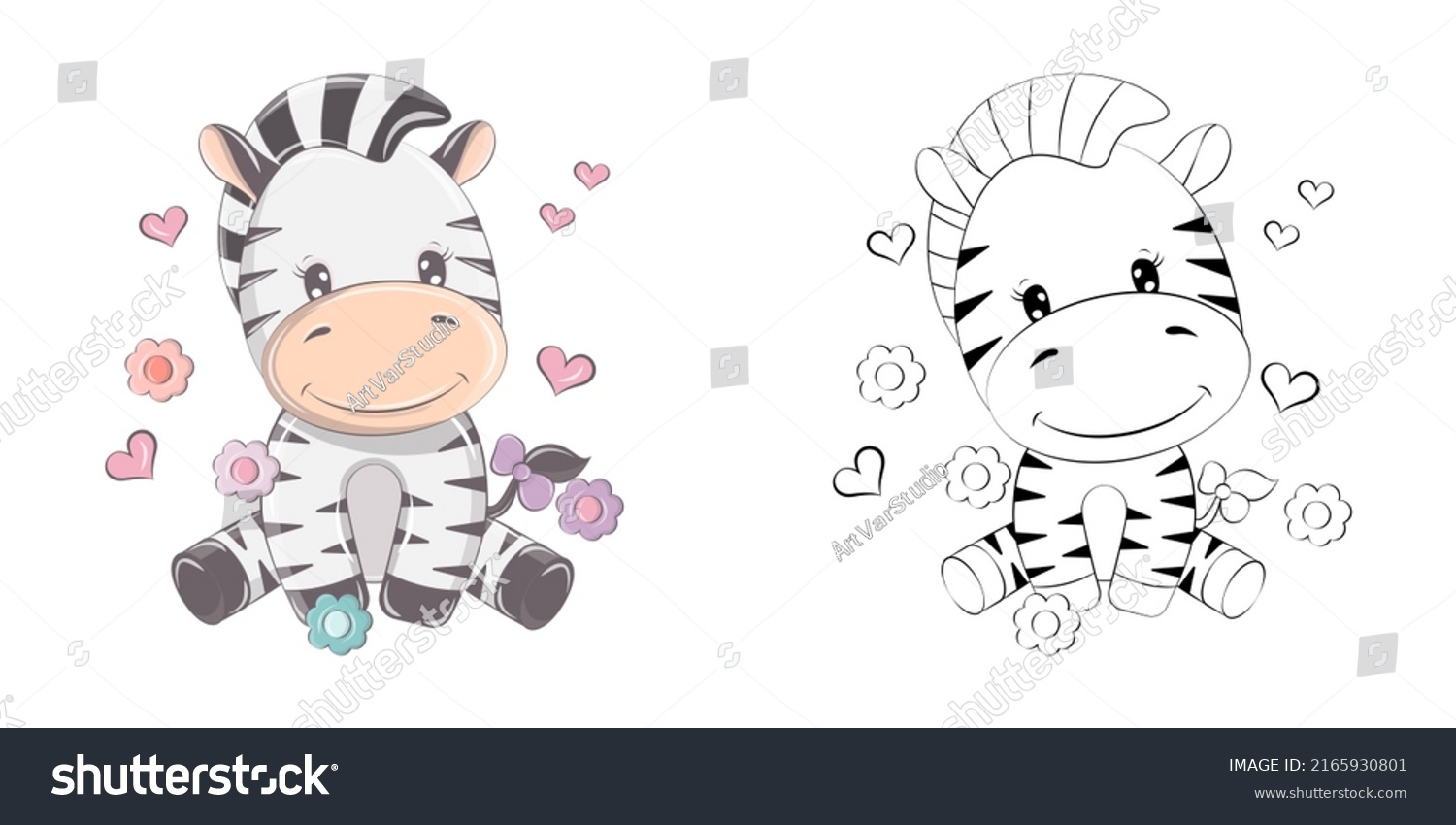 SVG of Cute Clipart Zebra Illustration and For Coloring Page. Cartoon Clip Art Zebra with Flowers and Hearts. Vector Illustration of an Animal for Stickers, Baby Shower, Coloring Pages, Prints for Clothes.  svg