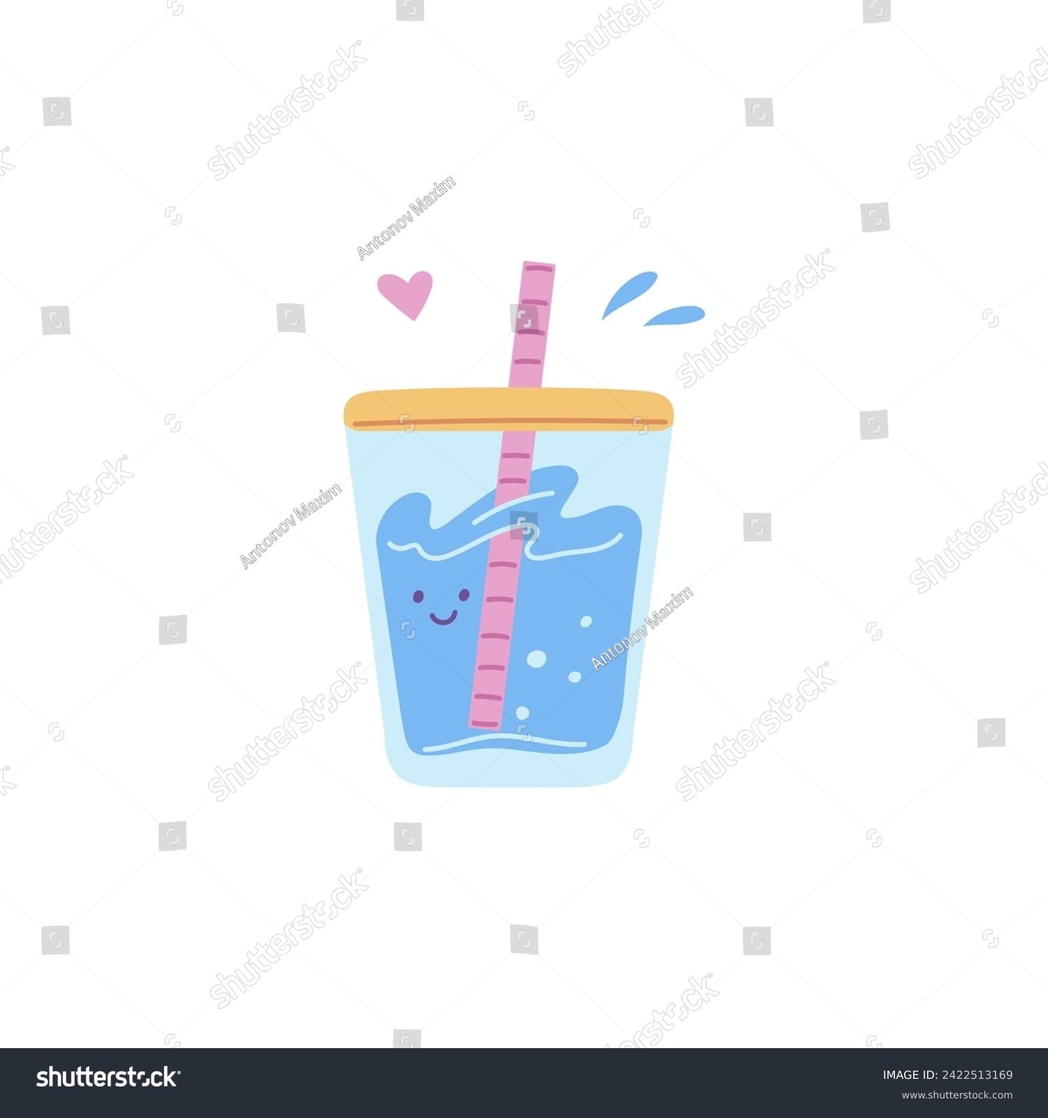 SVG of Cute cocktail glass with water. A whimsical illustration of a cocktail glass character. Drinking water in a glass glass with a cocktail stick. Isolated flat illustration. svg
