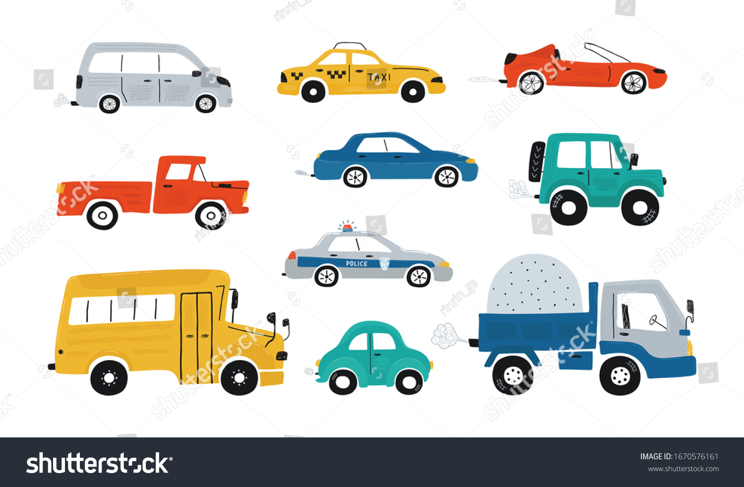 SVG of Cute collection colorful cars isolated on a white background. Icons in hand drawn style for design of children's rooms, clothing, textiles. Vector illustration svg