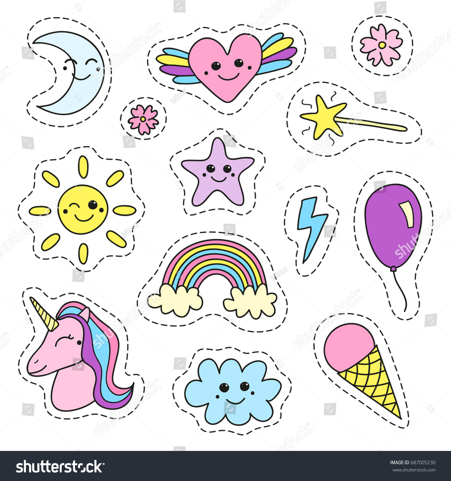 Cute Collection Doodle Colorful Girly Magic Stock Vector Royalty