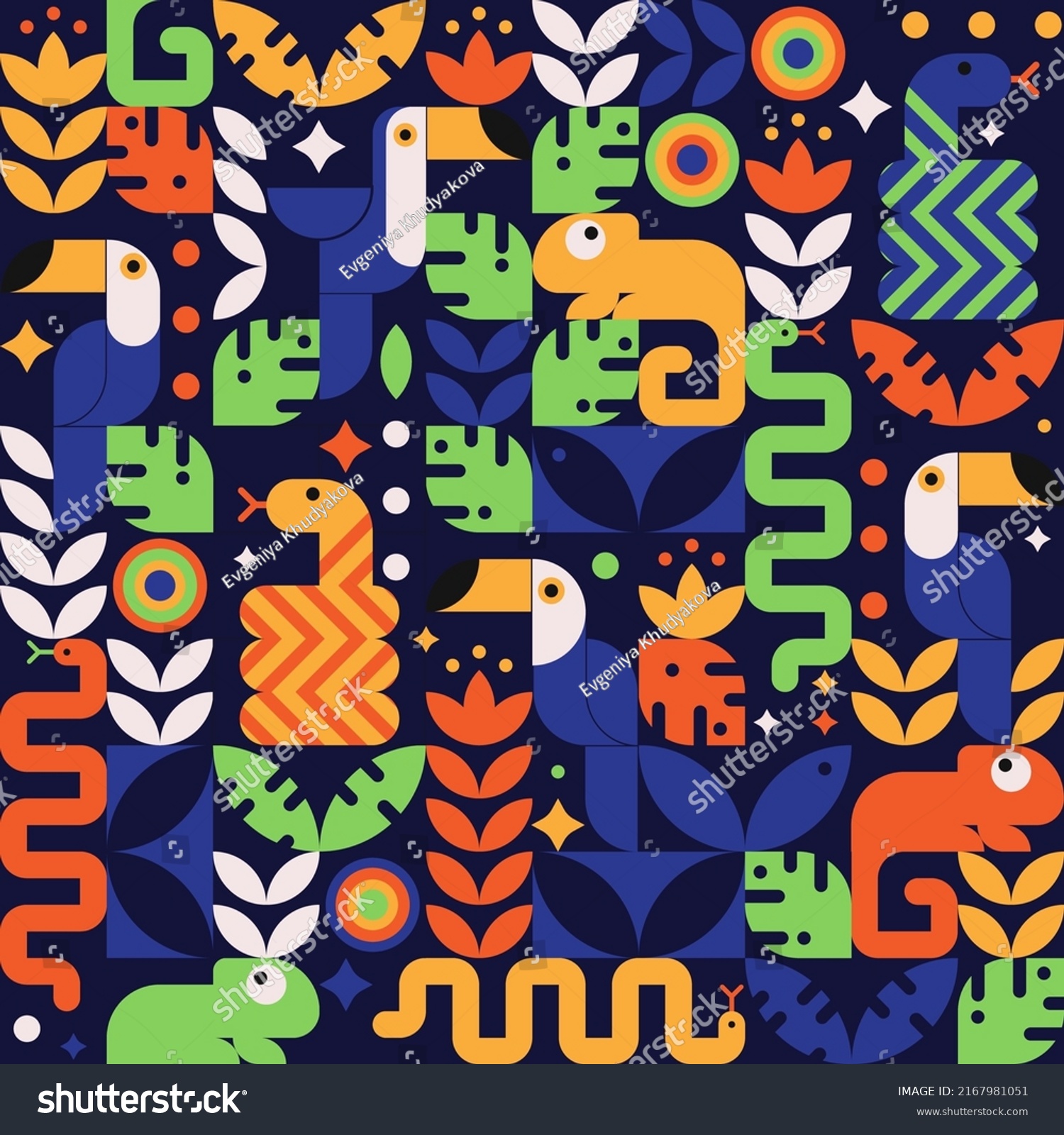 SVG of Cute colorful geometric plants and animals seamless pattern. Funny jungle flora and fauna print. Bright and Joyful vector print with snakes, chameleon, toucan bird, leaves and flowers from rainforest svg