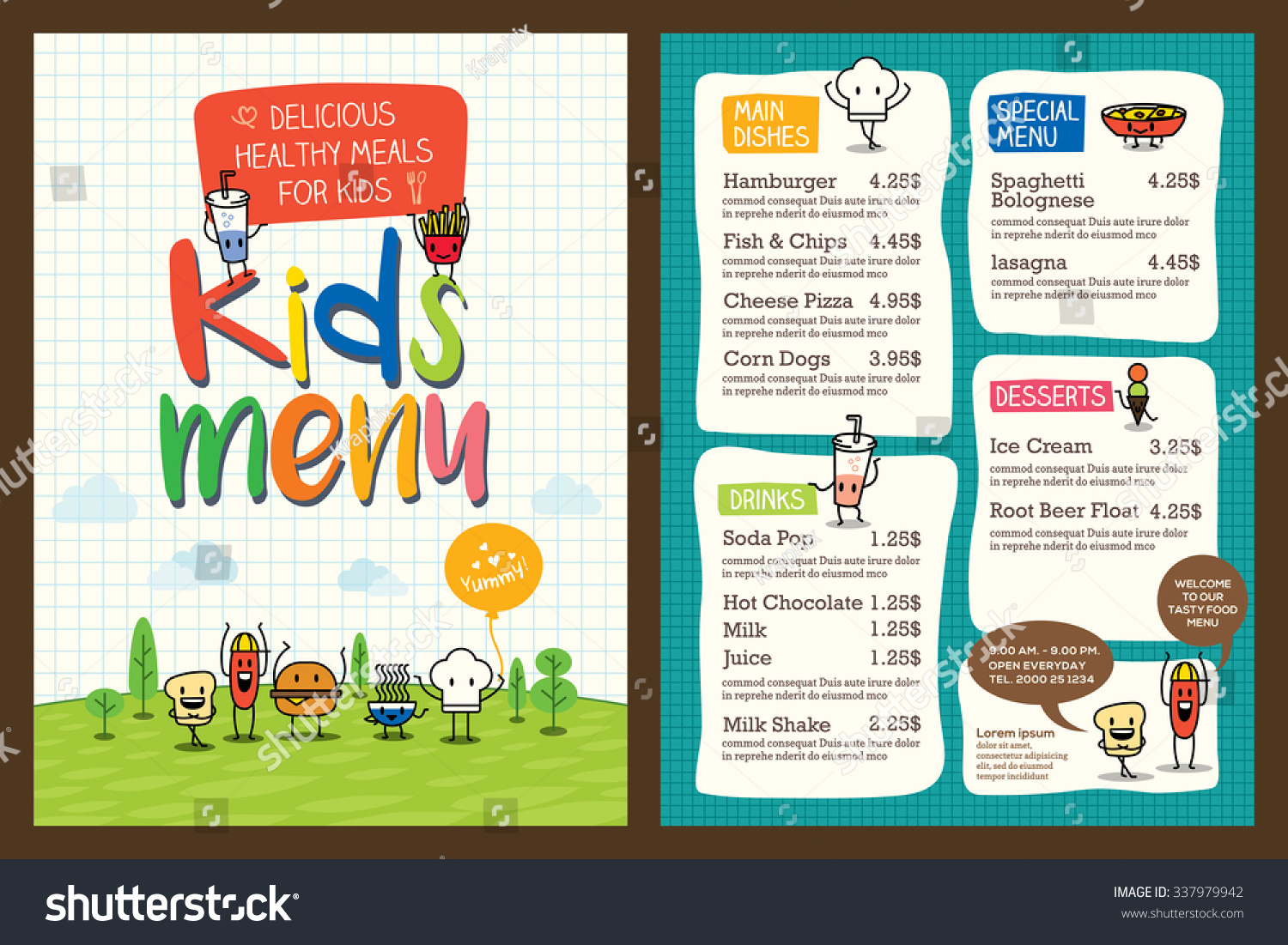 Cute Colorful Kids Meal Menu Design Vector Template - 337979942 ...