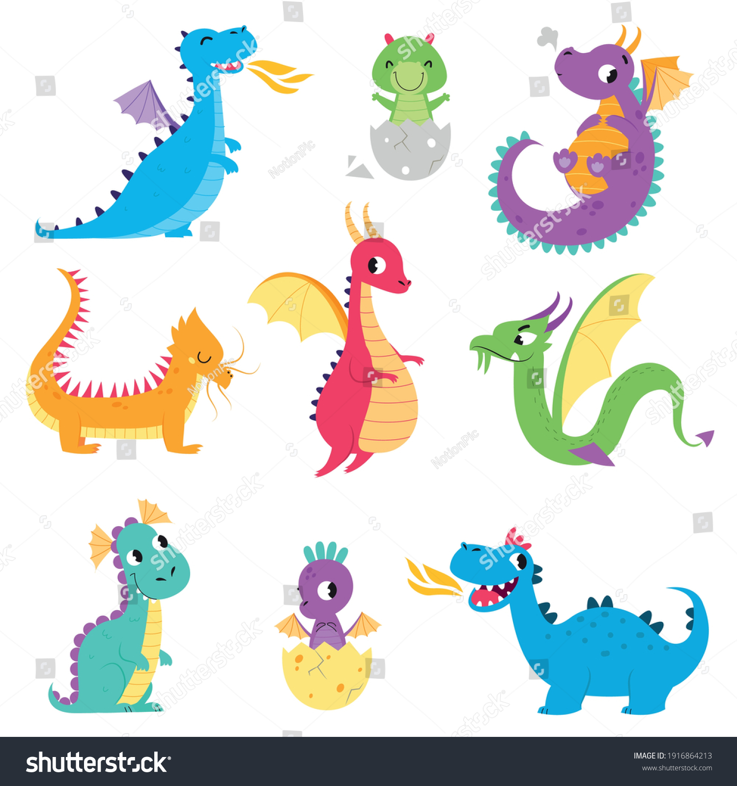 Cute Colorful Little Dragons Set | Vector Graphics ~ Creative Market