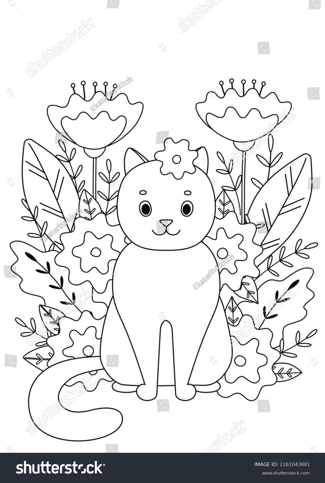 Cute Coloring Book Cat Flowers Simple Stock Vector (Royalty Free ...