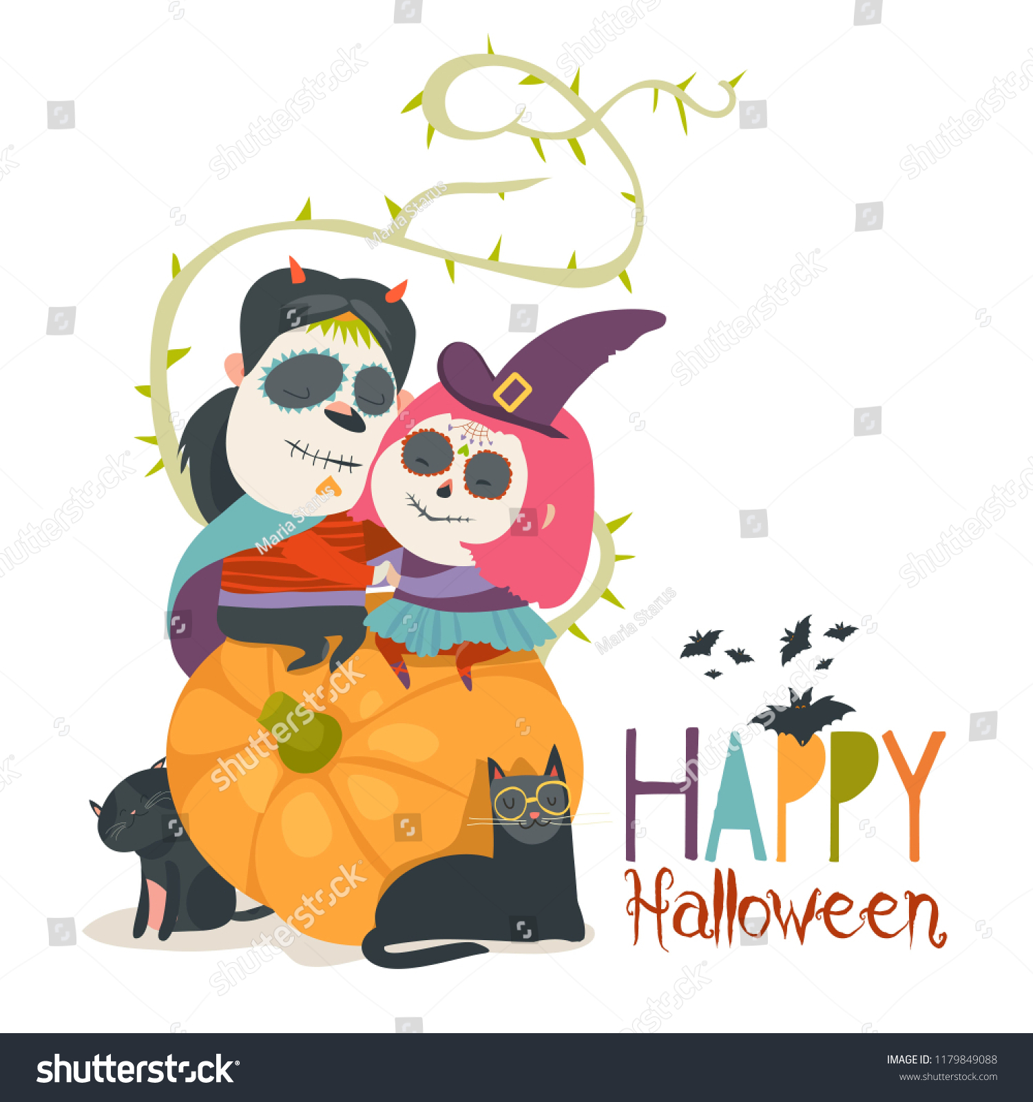 Cute Couple Love Sitting On Pumpkin Stock Vector Royalty Free