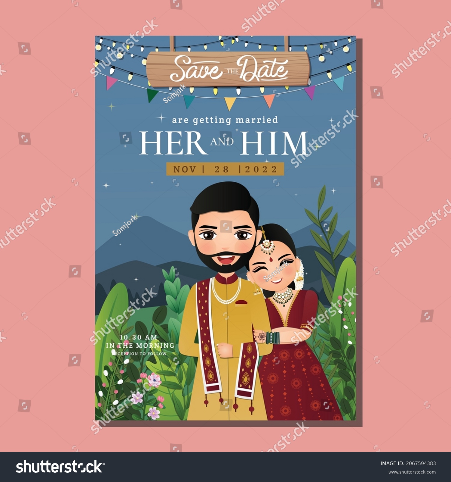 SVG of Cute couple in traditional indian dress cartoon character.Romantic wedding invitation card svg
