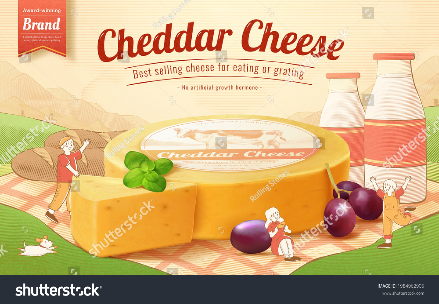 SVG of Cute 3d cheddar cheese banner ad. Illustration of kids having fun on a plaid picnic mat with large cheese wheel over a engraving countryside field svg